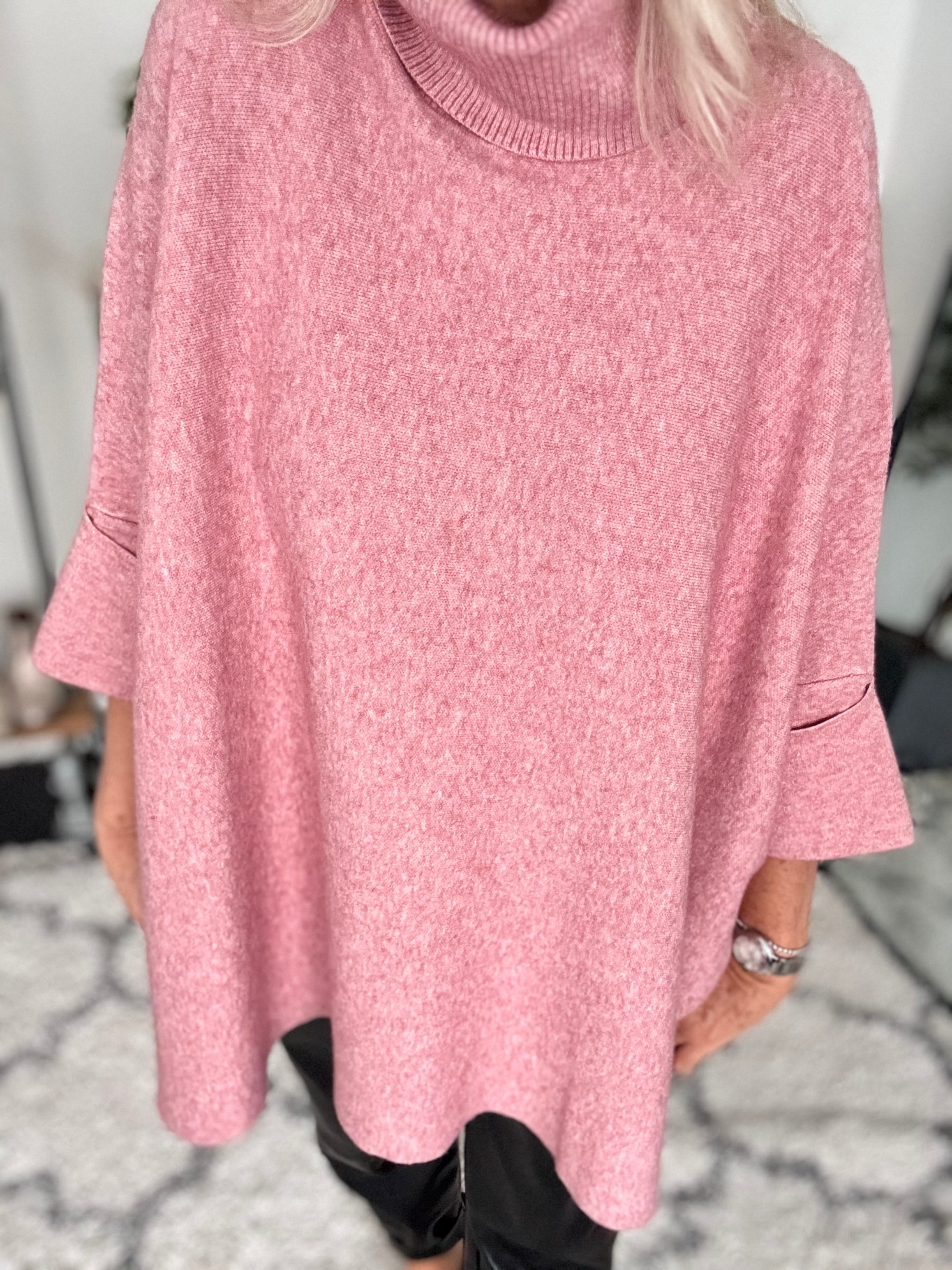 Oversized Roll Neck Poncho Jumper in Pink