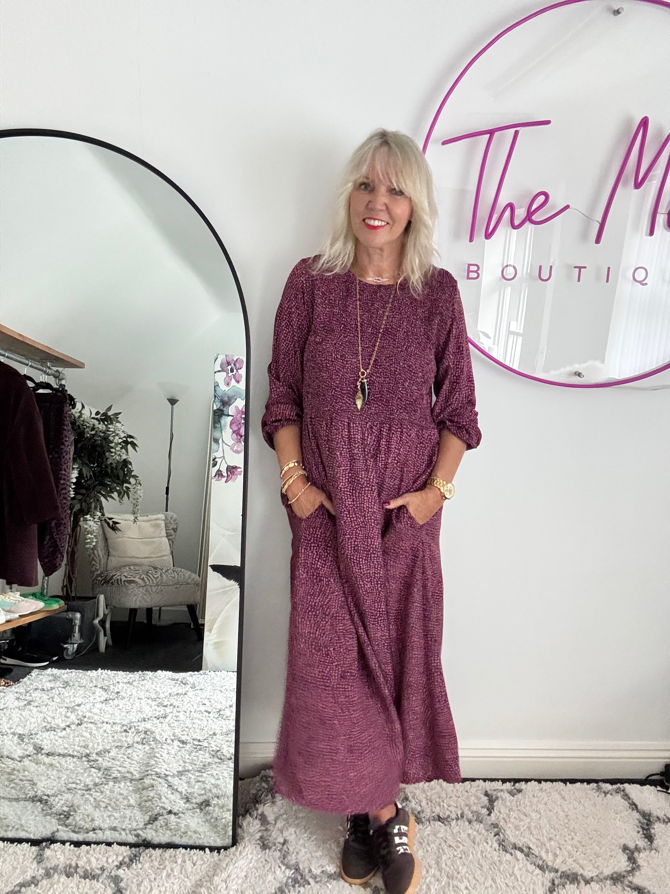 Shirred Dress in Plum
