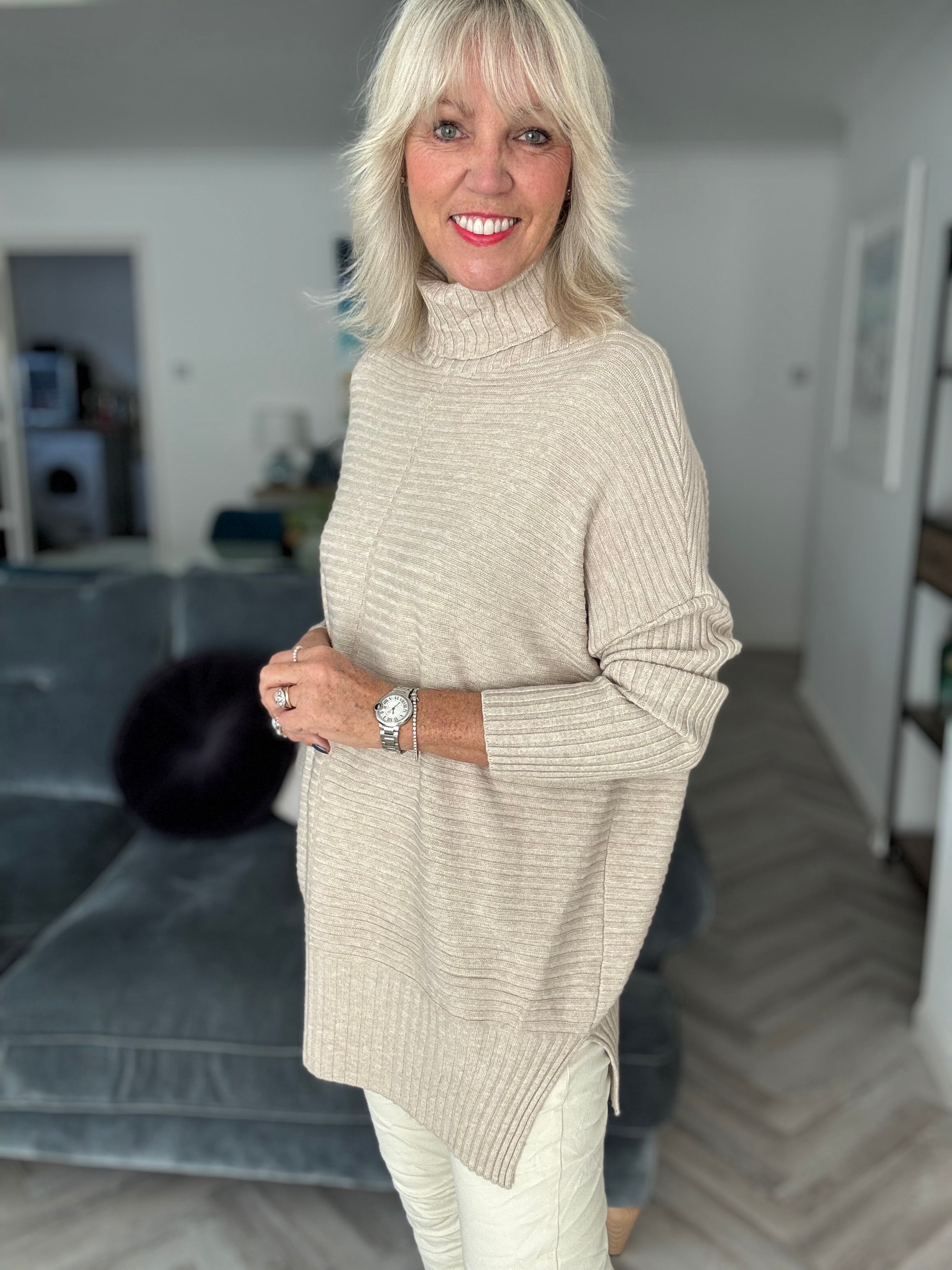 Ribbed Roll Neck Poncho Jumper in Latte