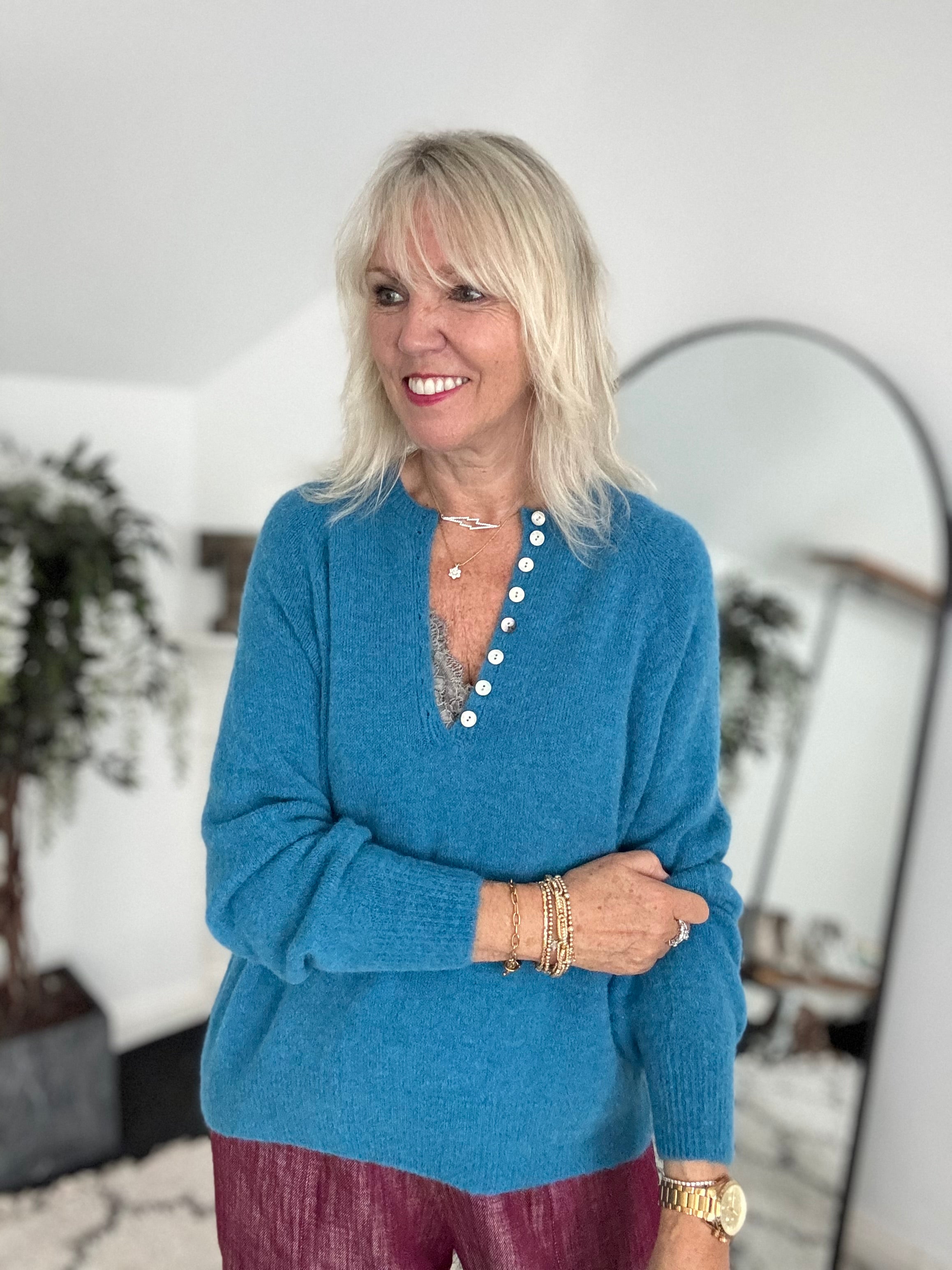 Softie Jumper with Button Neck in Teal