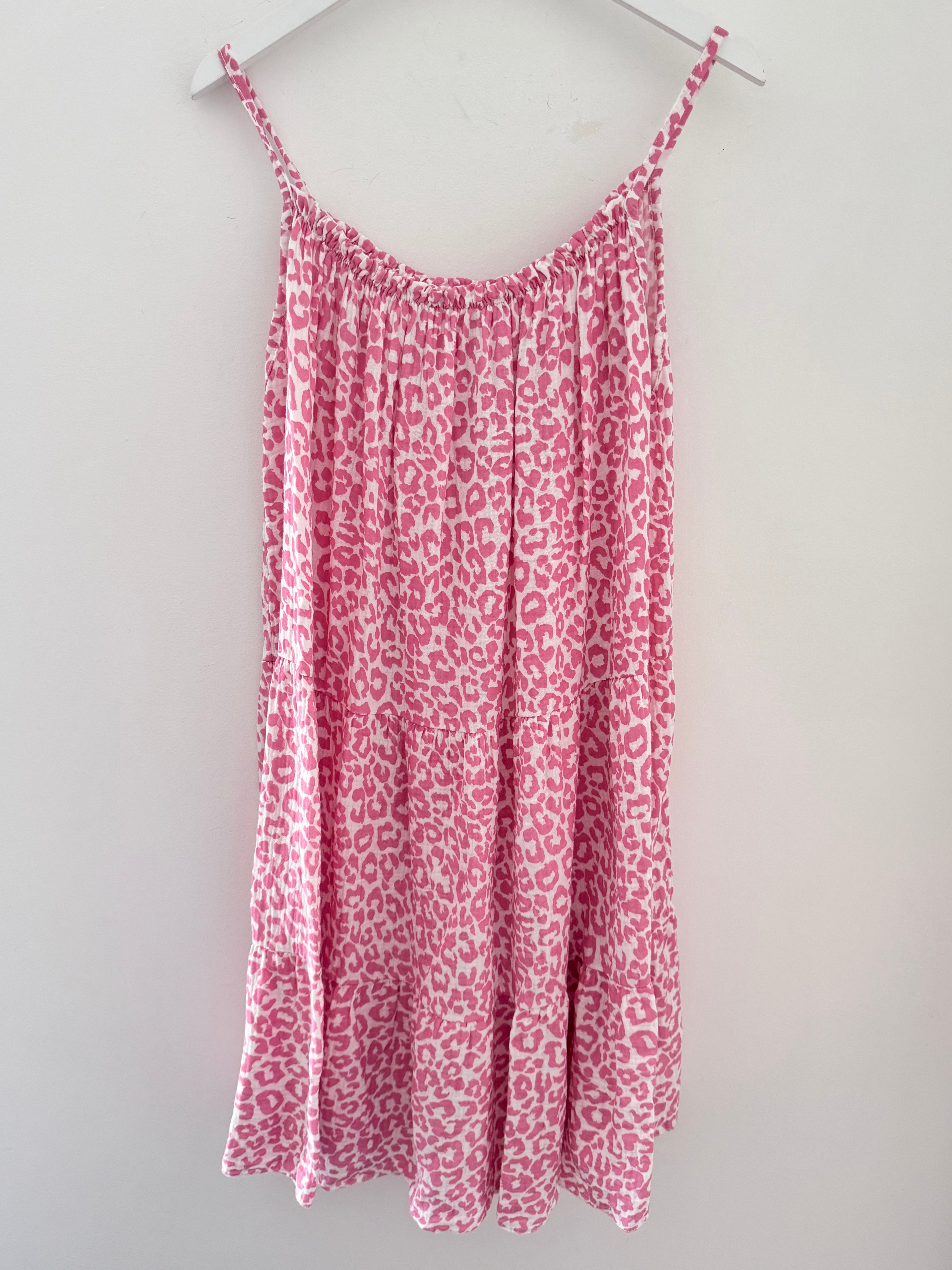 Leopard Cheesecloth Dress in Rose Pink & White