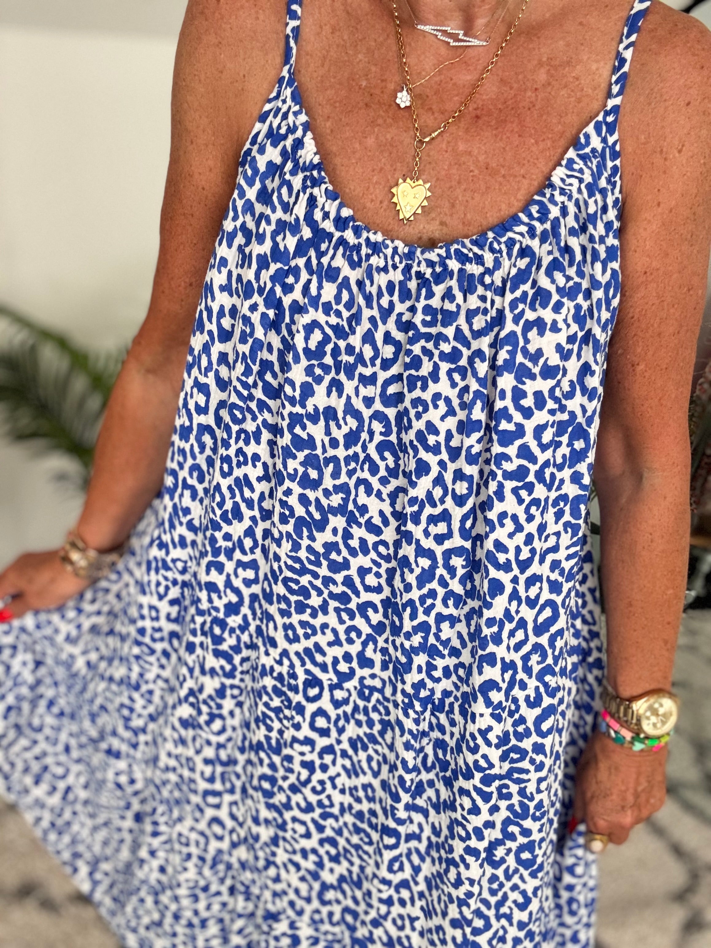 Leopard Cheesecloth Dress in Sapphire & White