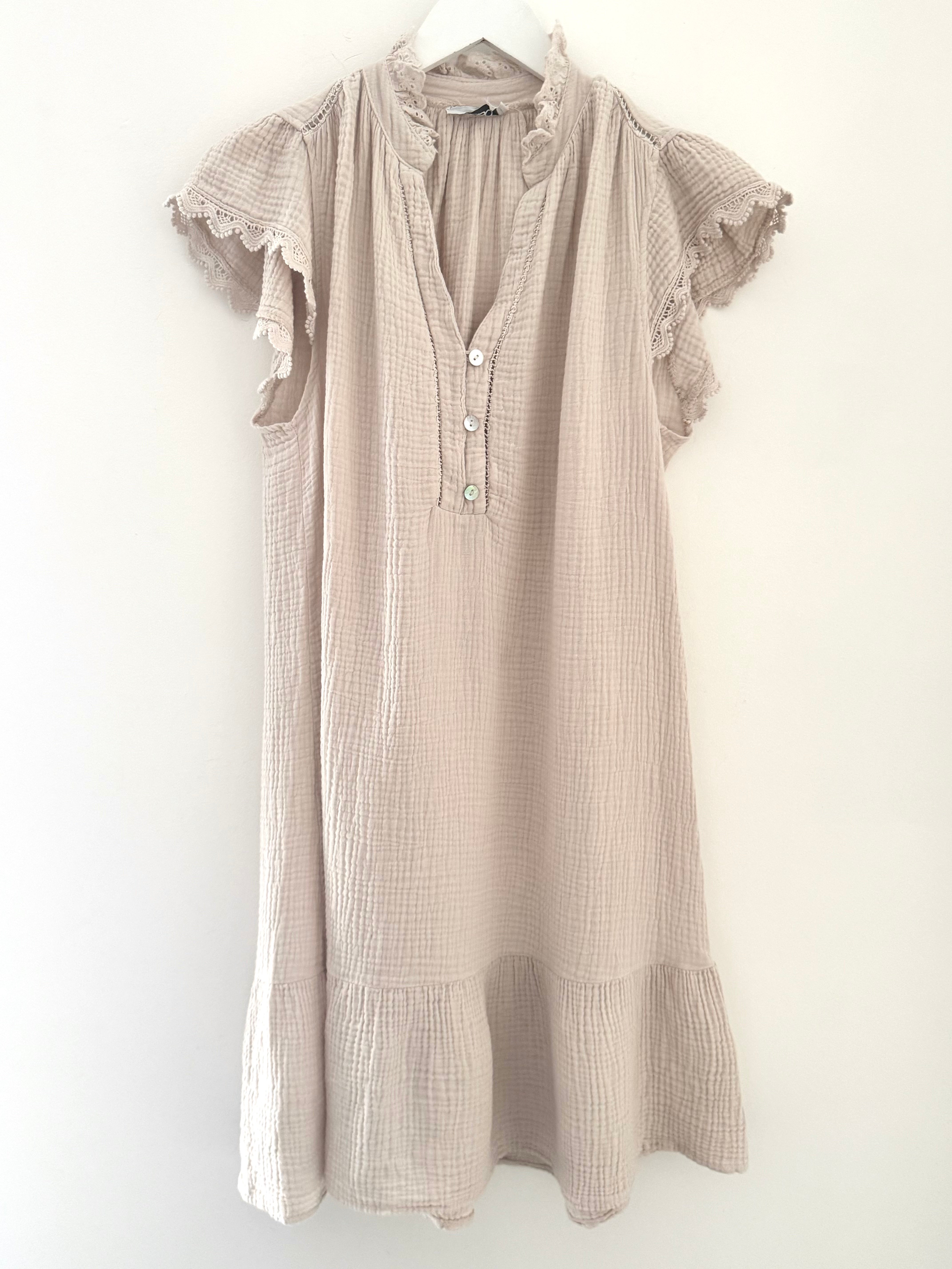 Cheesecloth Dress with Lace Edge Sleeves in Stone