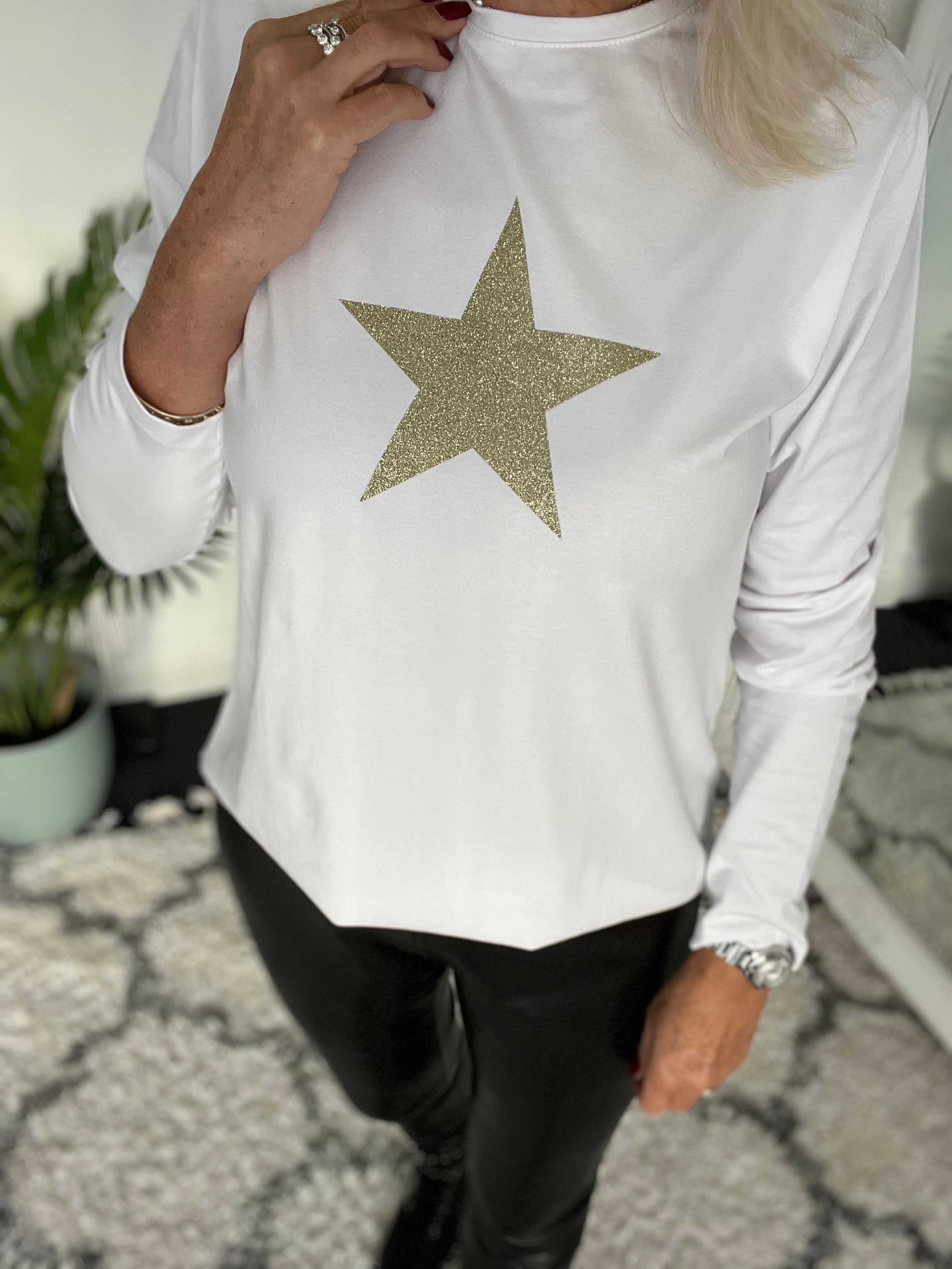 White Long Sleeve Top with Champagne Glitter Star