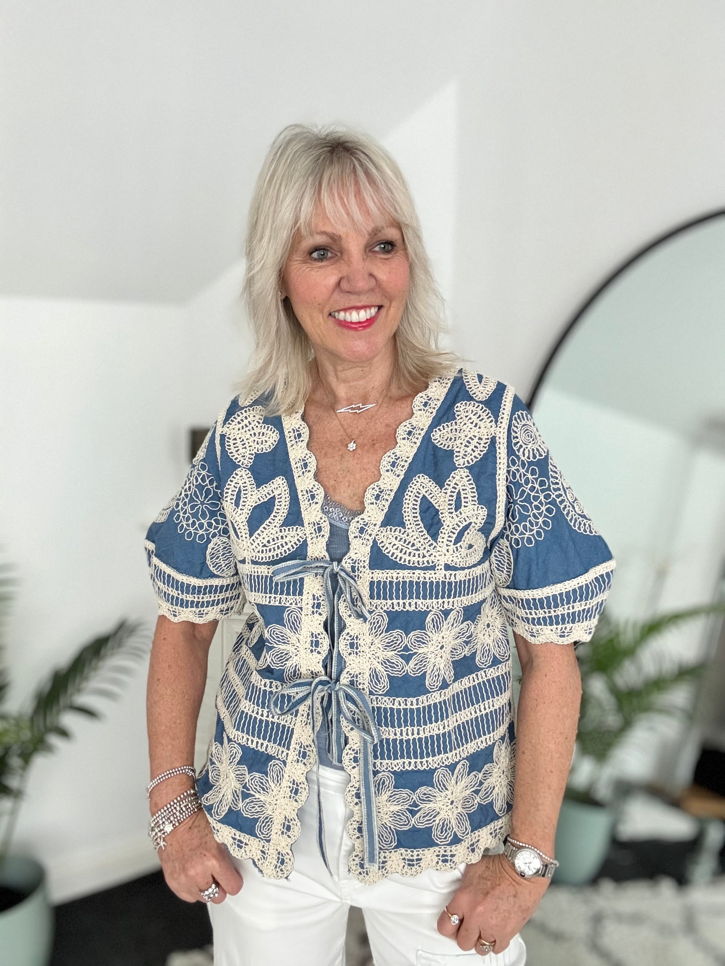 Embroidered Top with Tie Front