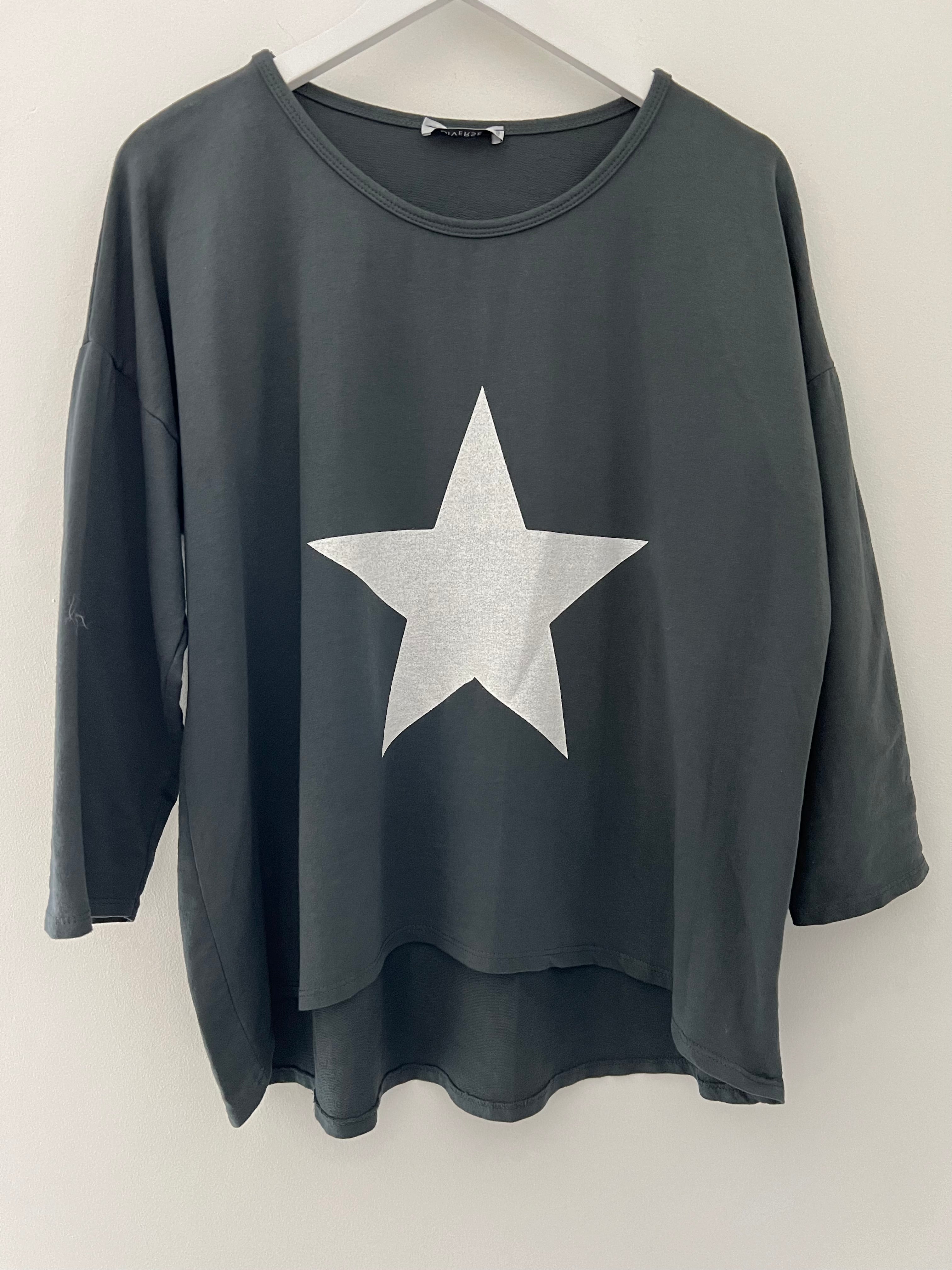 Scoop Neck Cotton Star Top in Charcoal