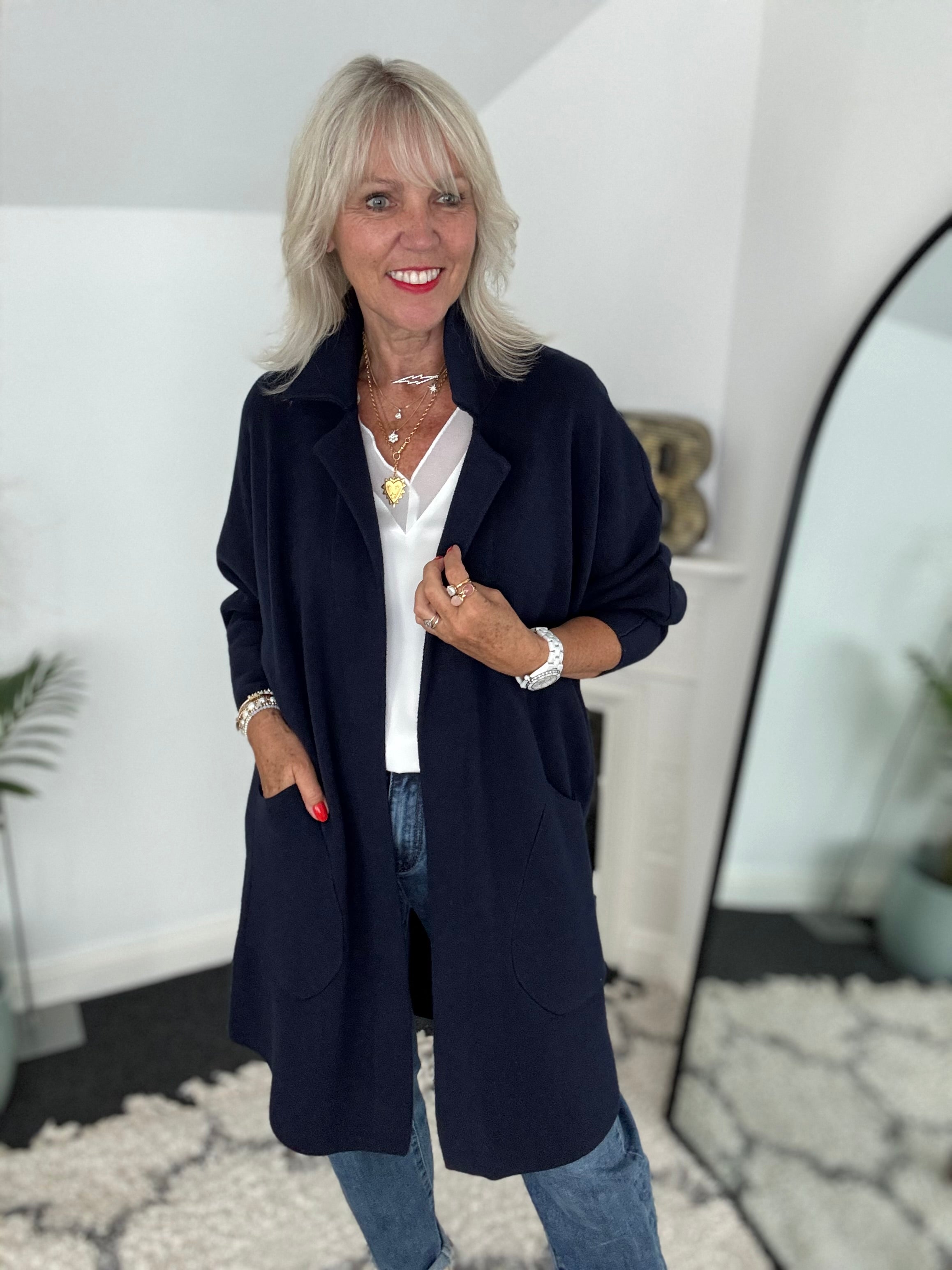 Long Knitted Coatigan in Navy