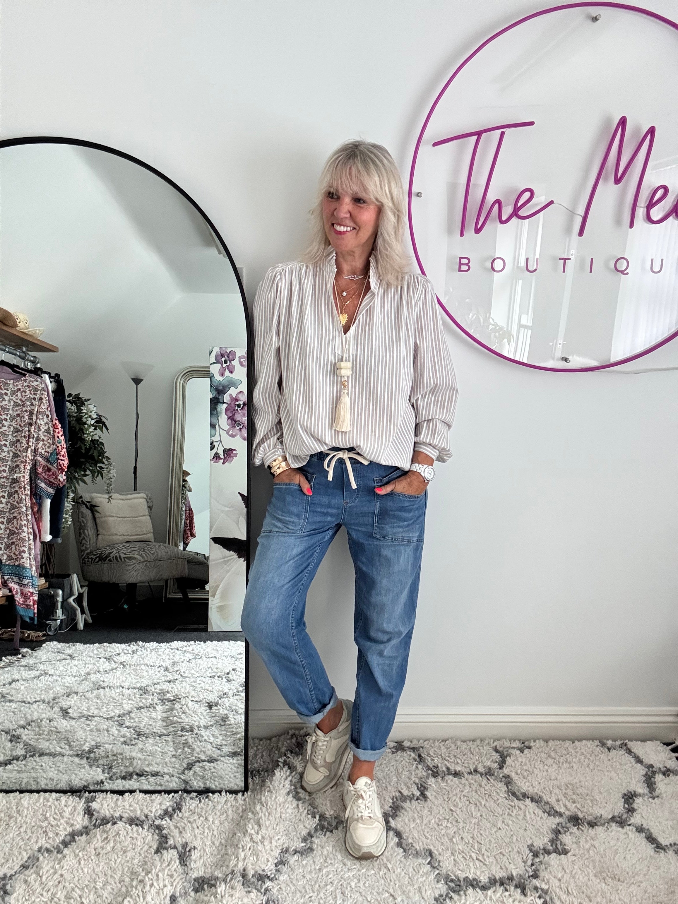 Fresh Cotton Blouse in Stone & White Stripes