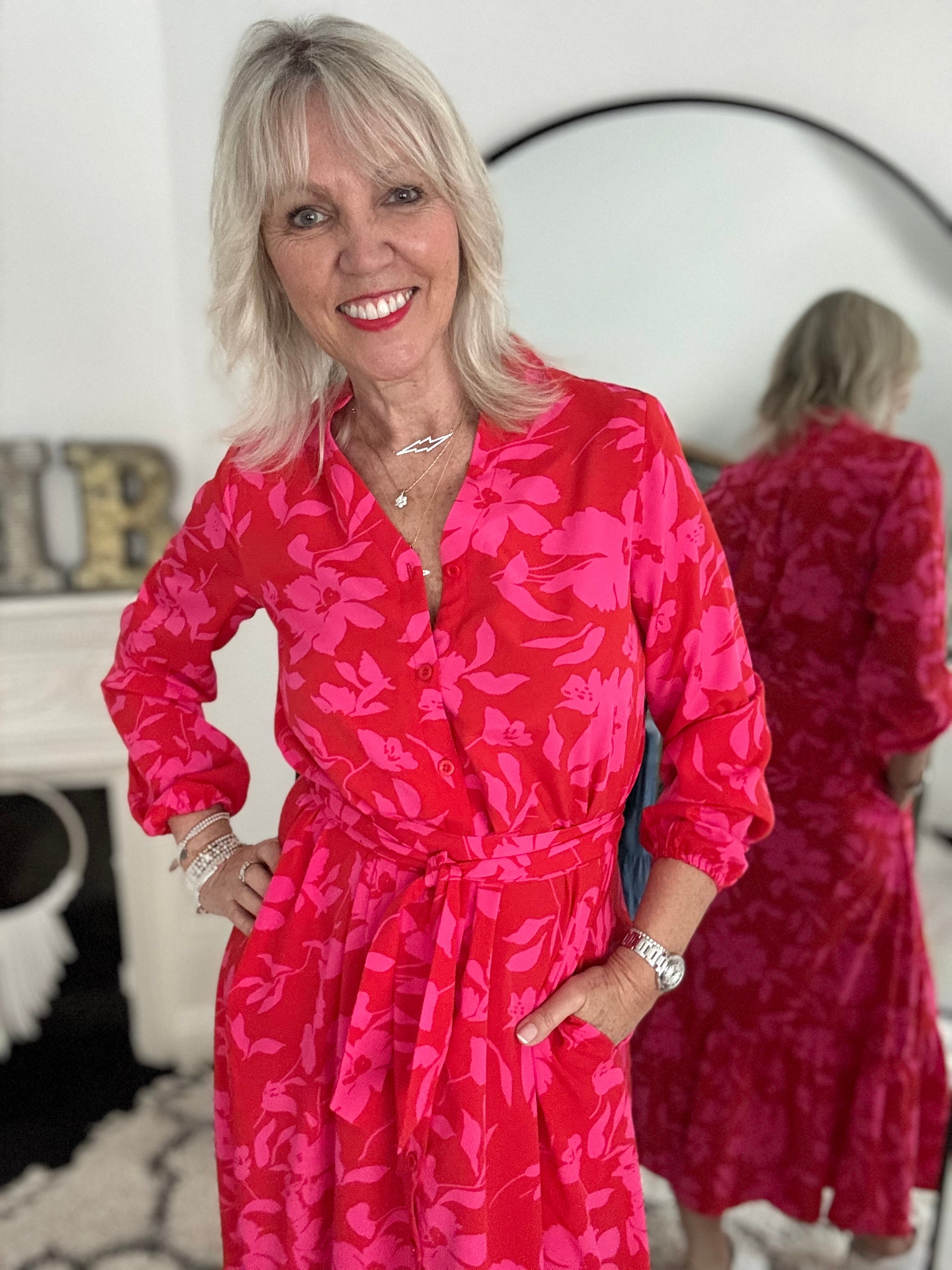 Premium Tropical Print Dress in Red & Pink