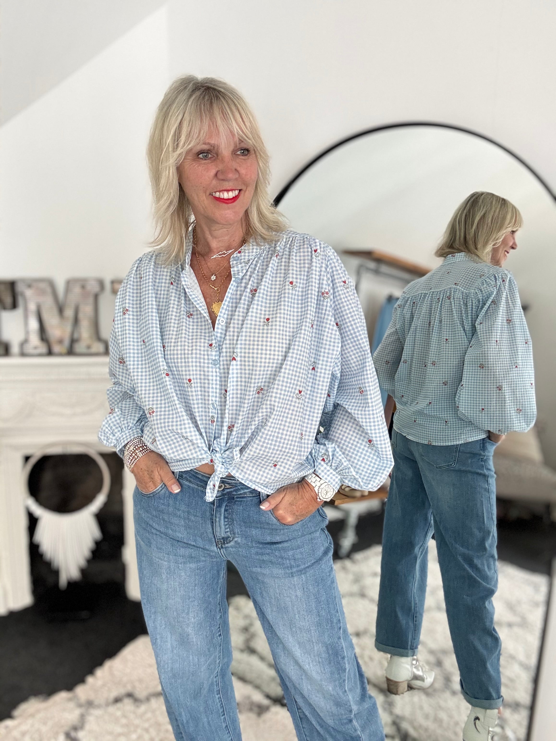 Gingham & Sprig Shirt in Blue & White