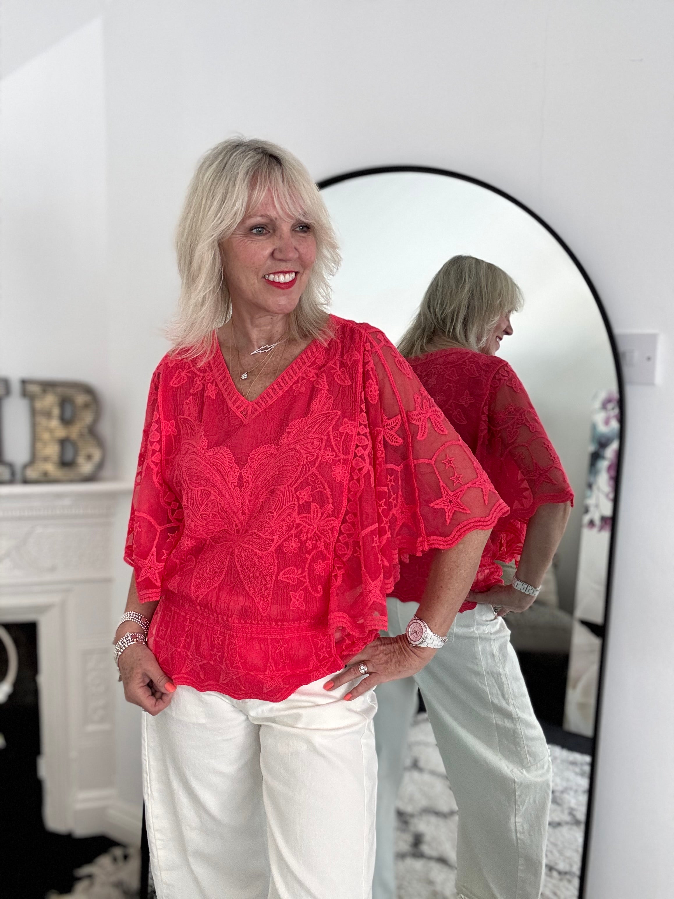 Lace Butterfly & Star Top in Coral Red
