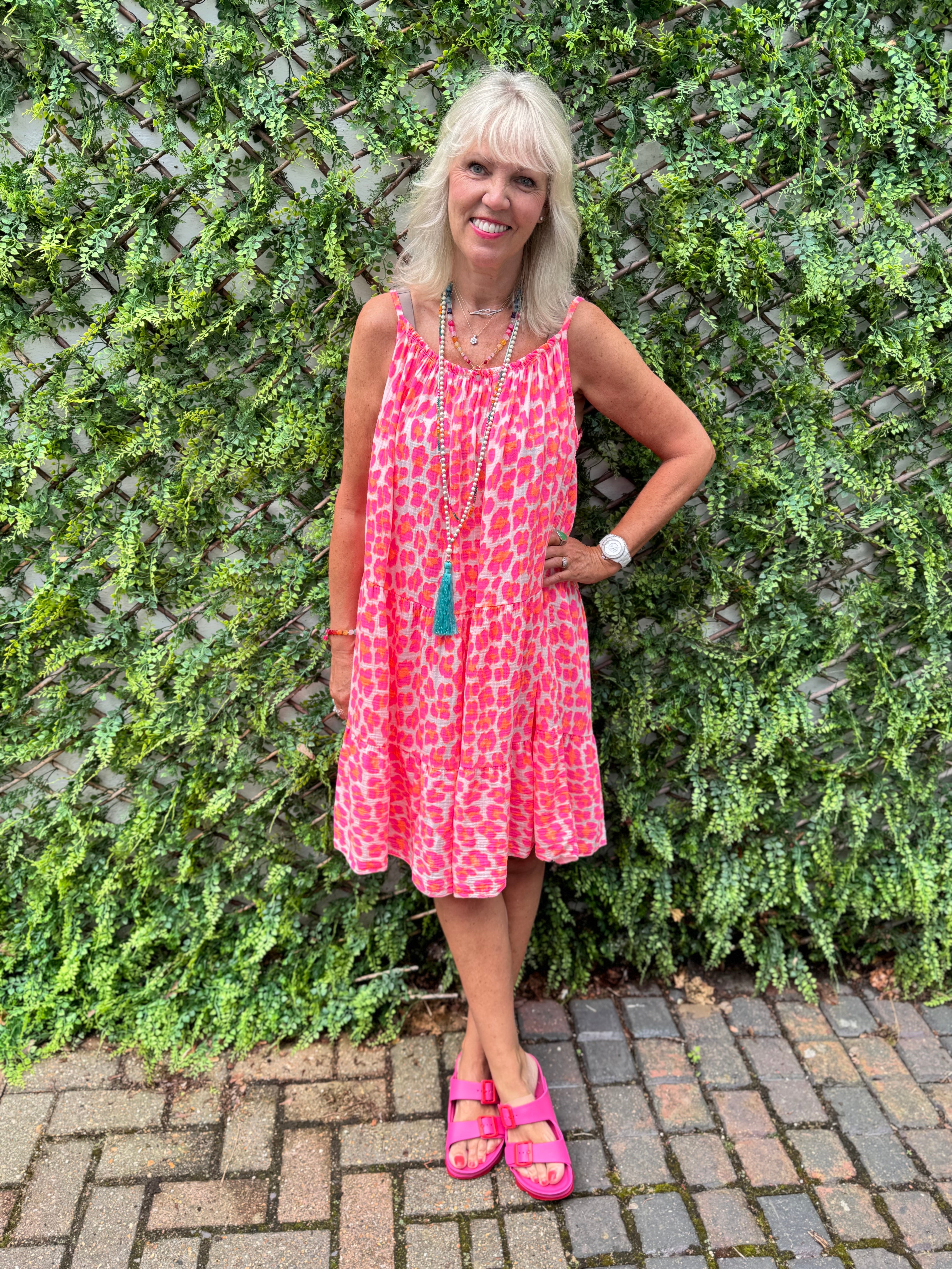 Leopard Cheesecloth Dress in Neon Pink