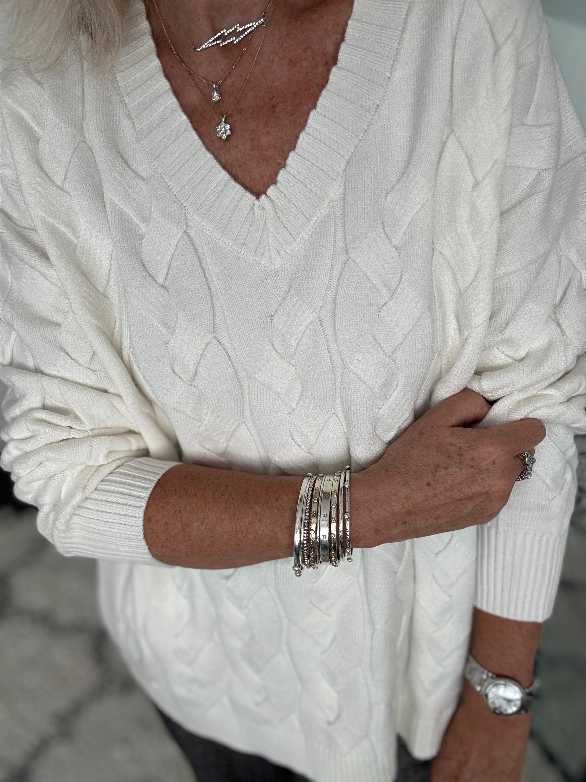 V Neck Cable Jumper in Winter White