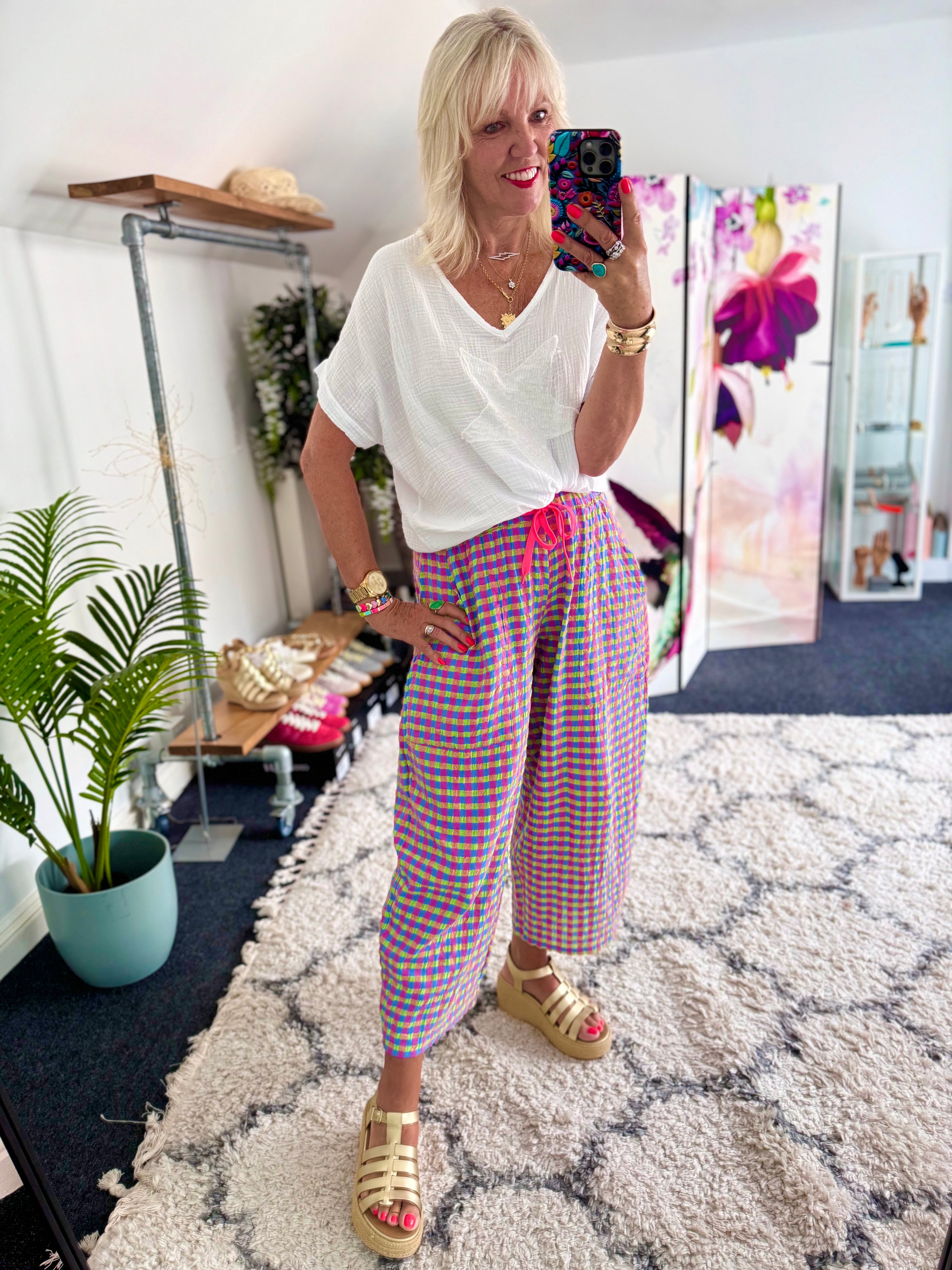 Barrel Check Trousers in Pink & Lime