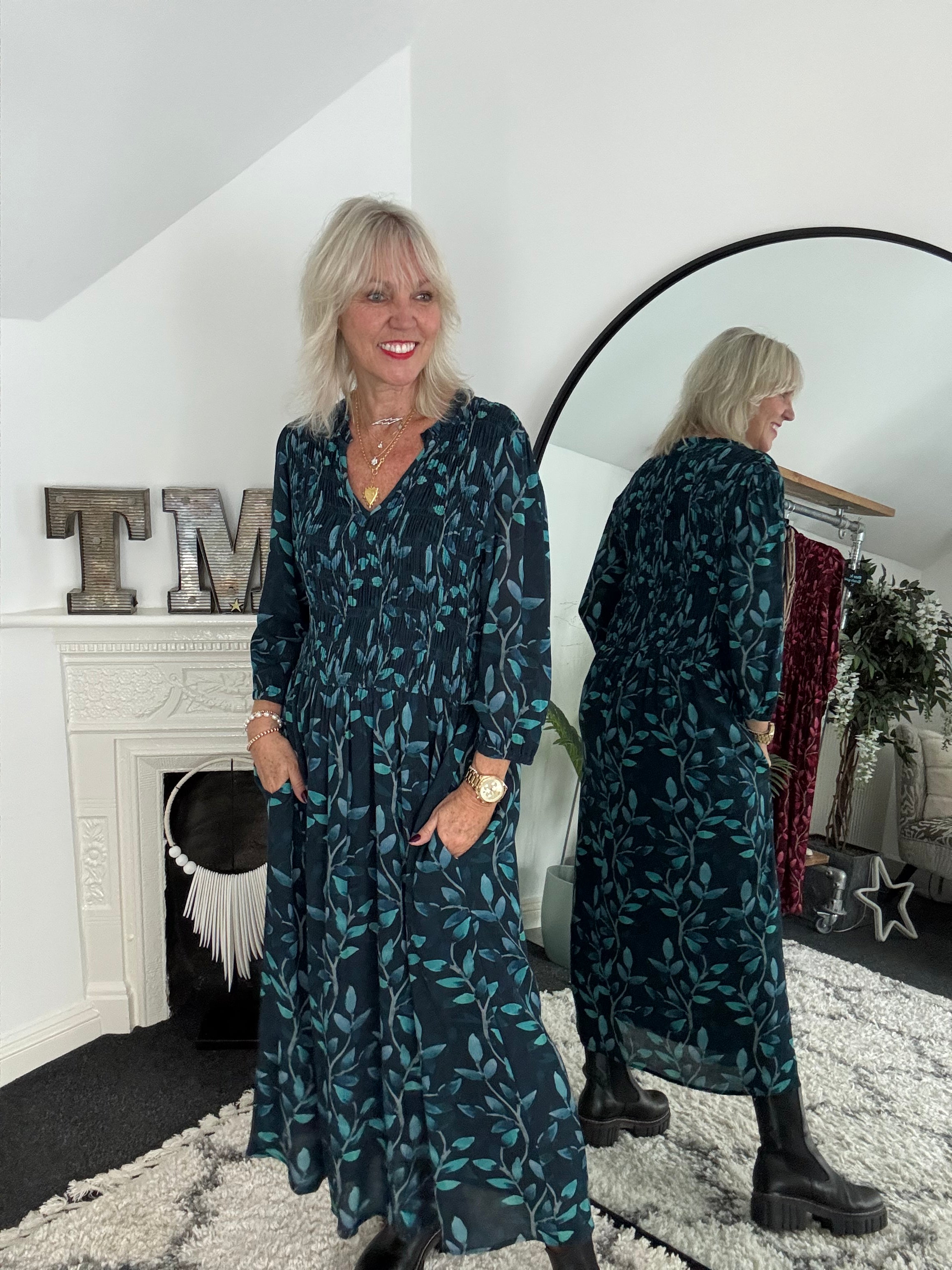 Leaf Print Dress with Shirred Bodice in Teal