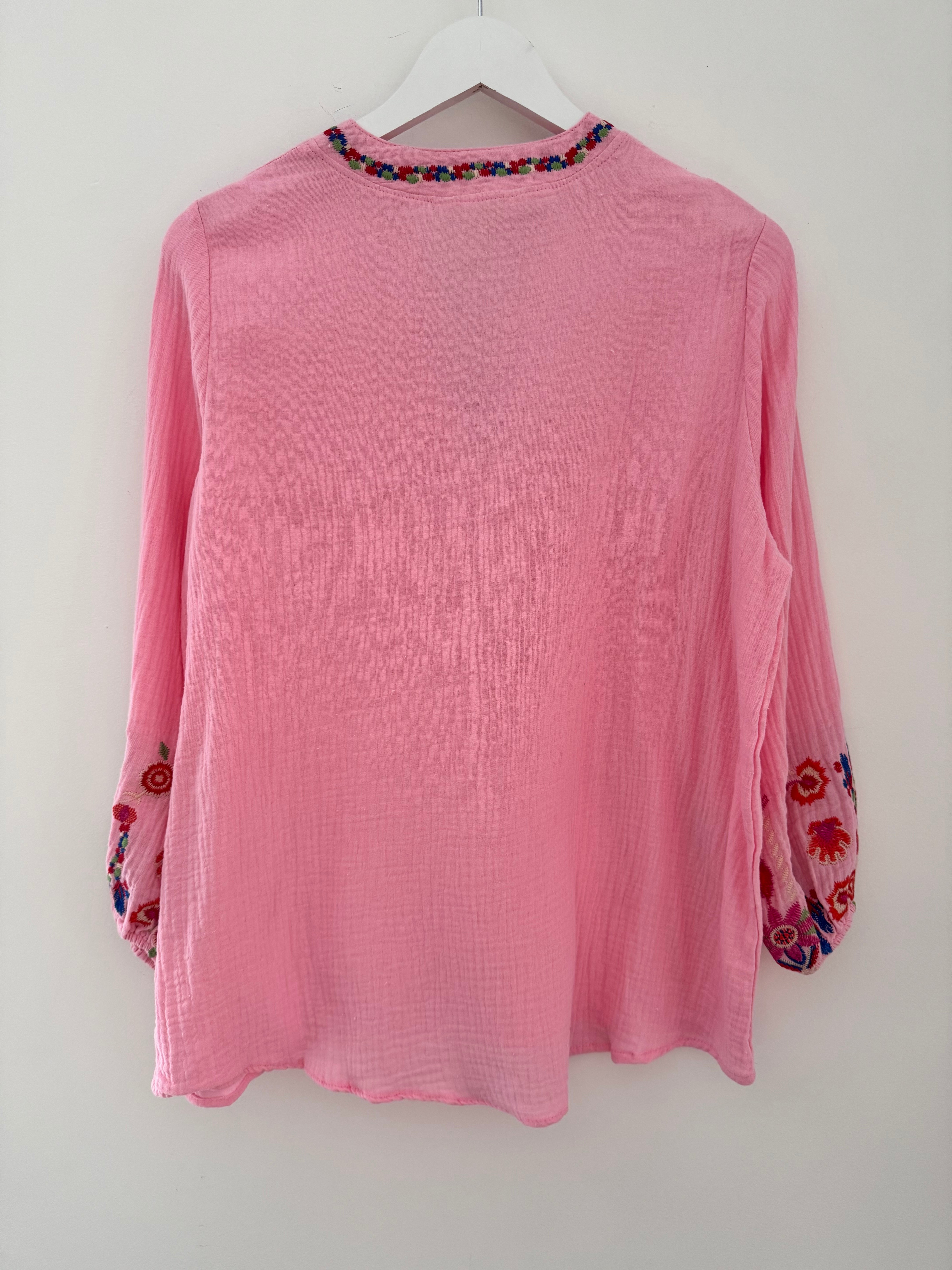 Embroidered Cheesecloth Blouse in Candy Pink