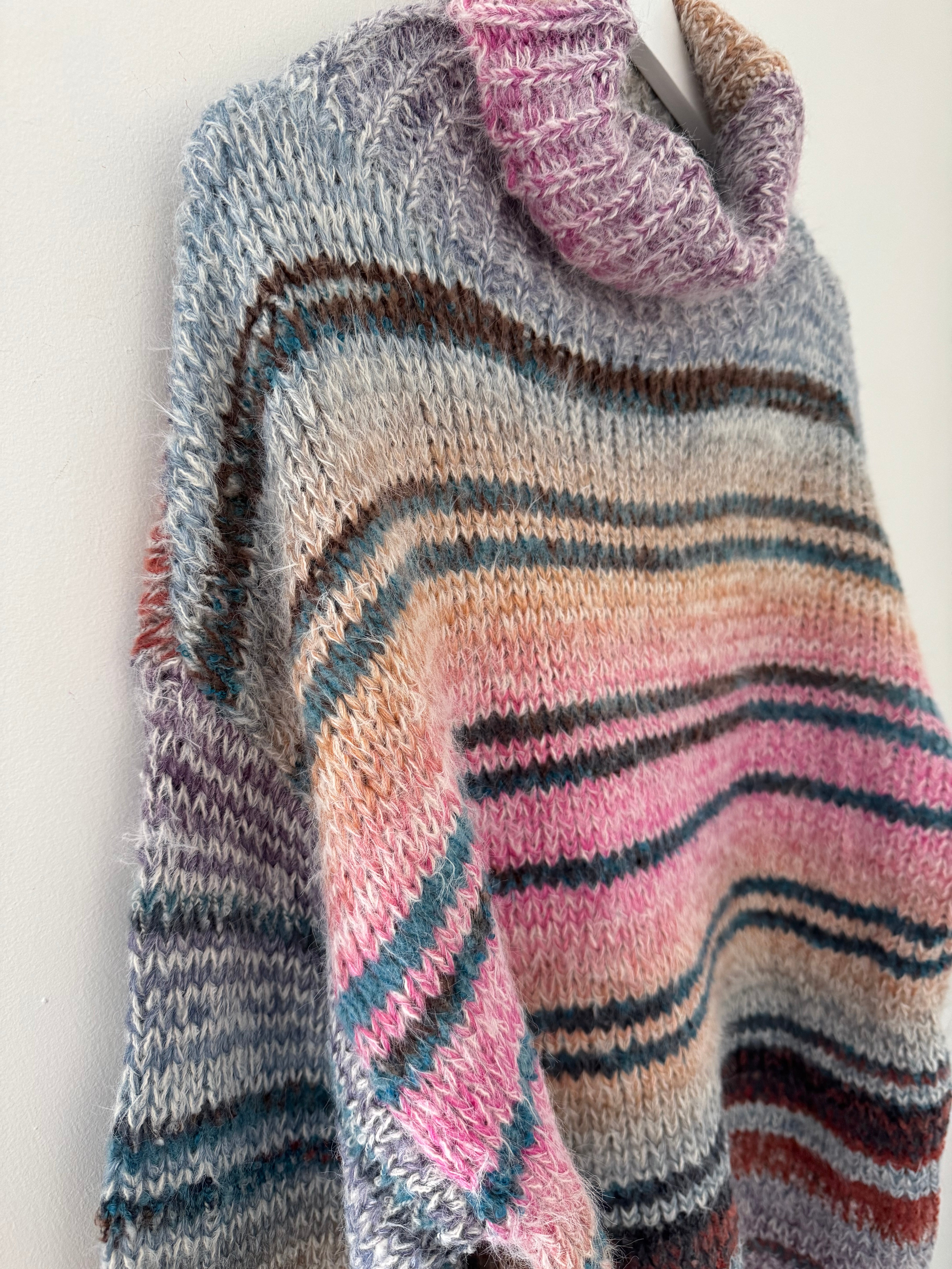 Oversized Stripe Roll Neck Jumper in Pink & Teal