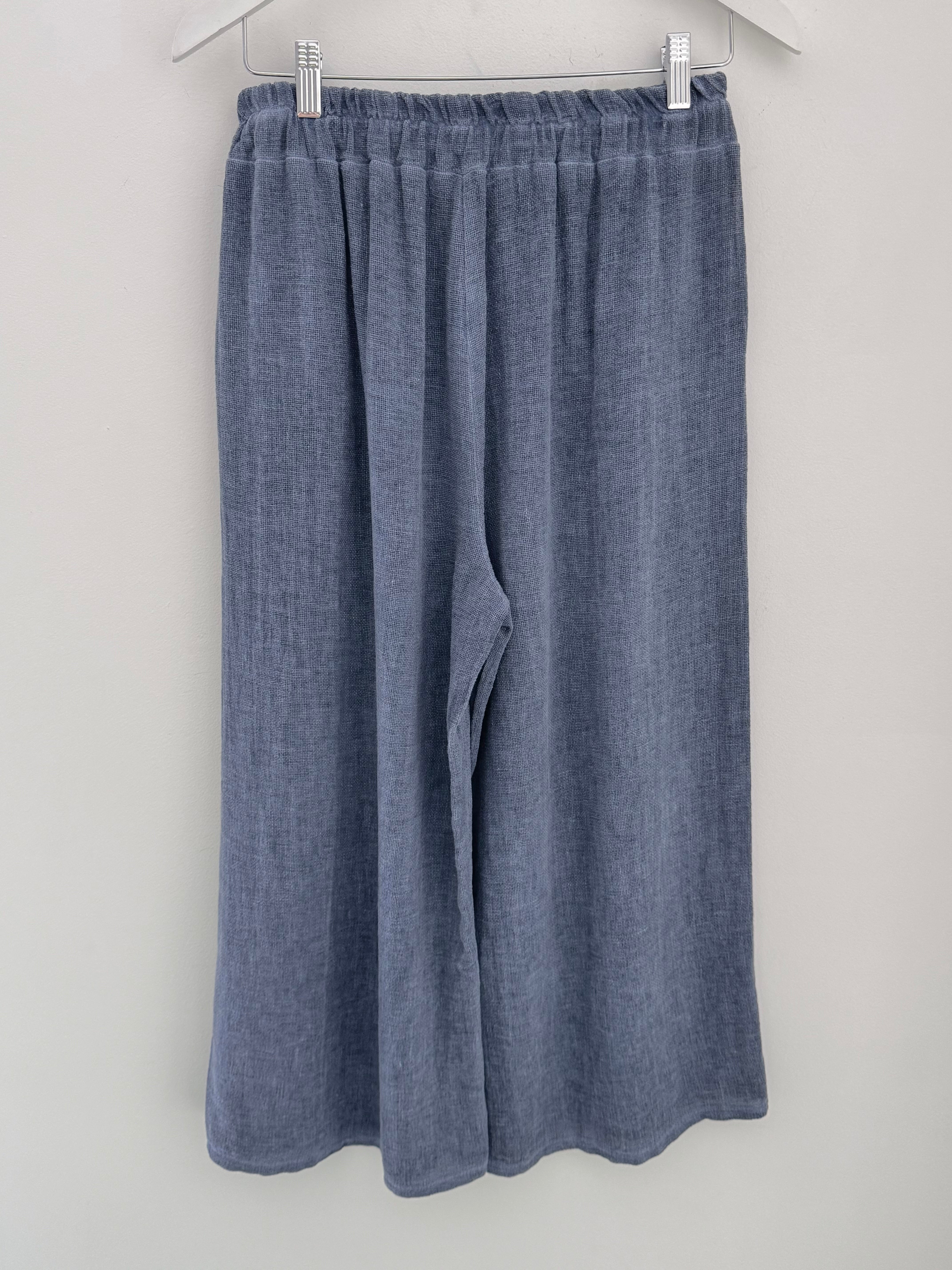 Linen & Cotton Crop Trousers in Denim Blue