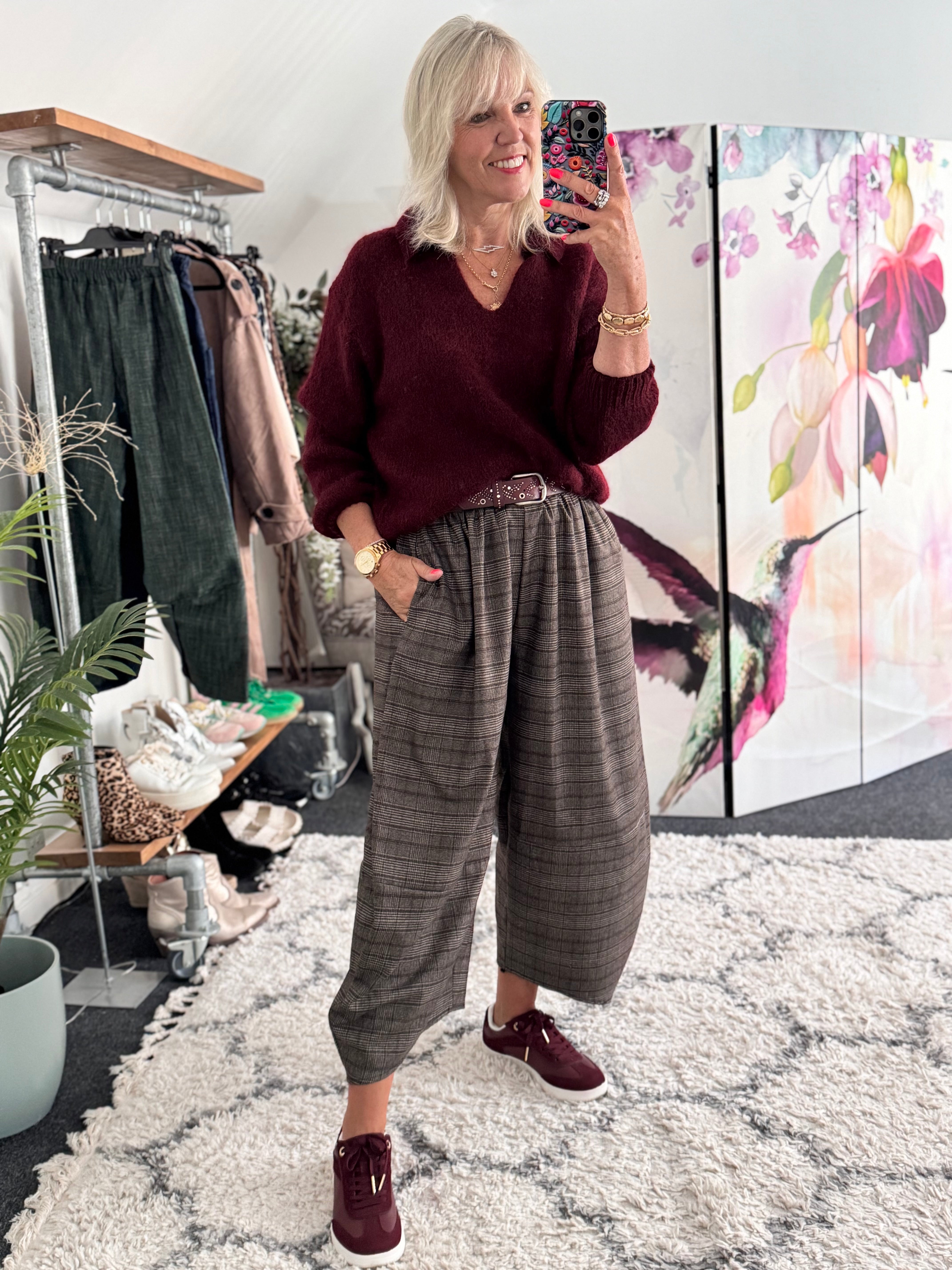 Wide Leg Check Trousers in Chocolate