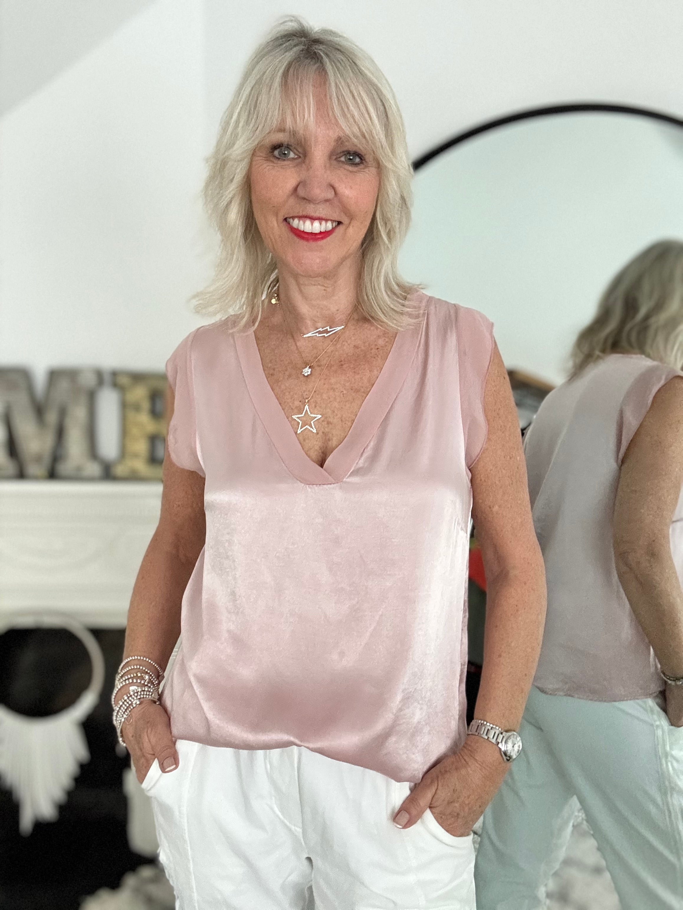 Silky V Neck Tank in Pink