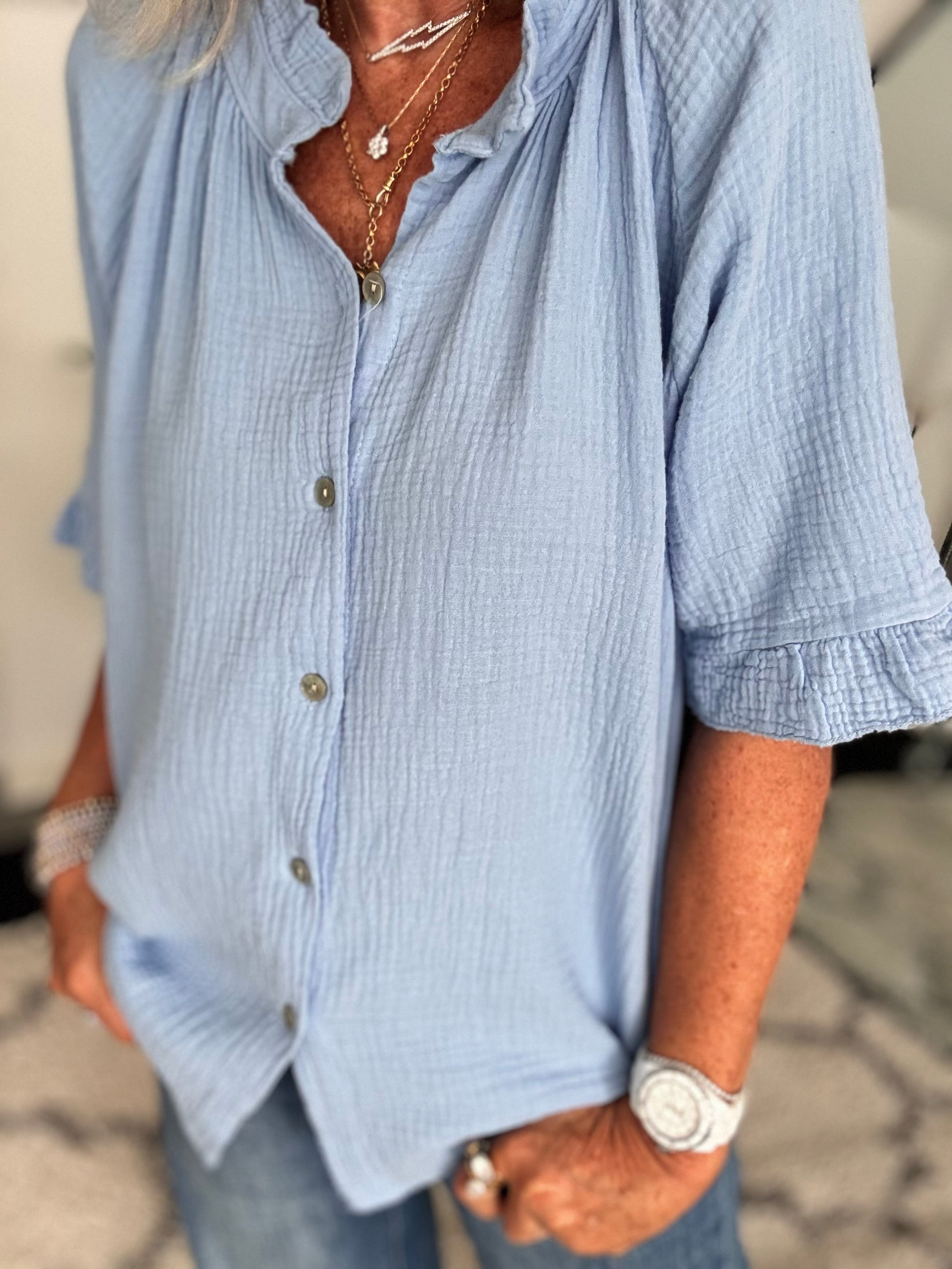 Short Sleeve Cheesecloth Shirt in Mid Blue