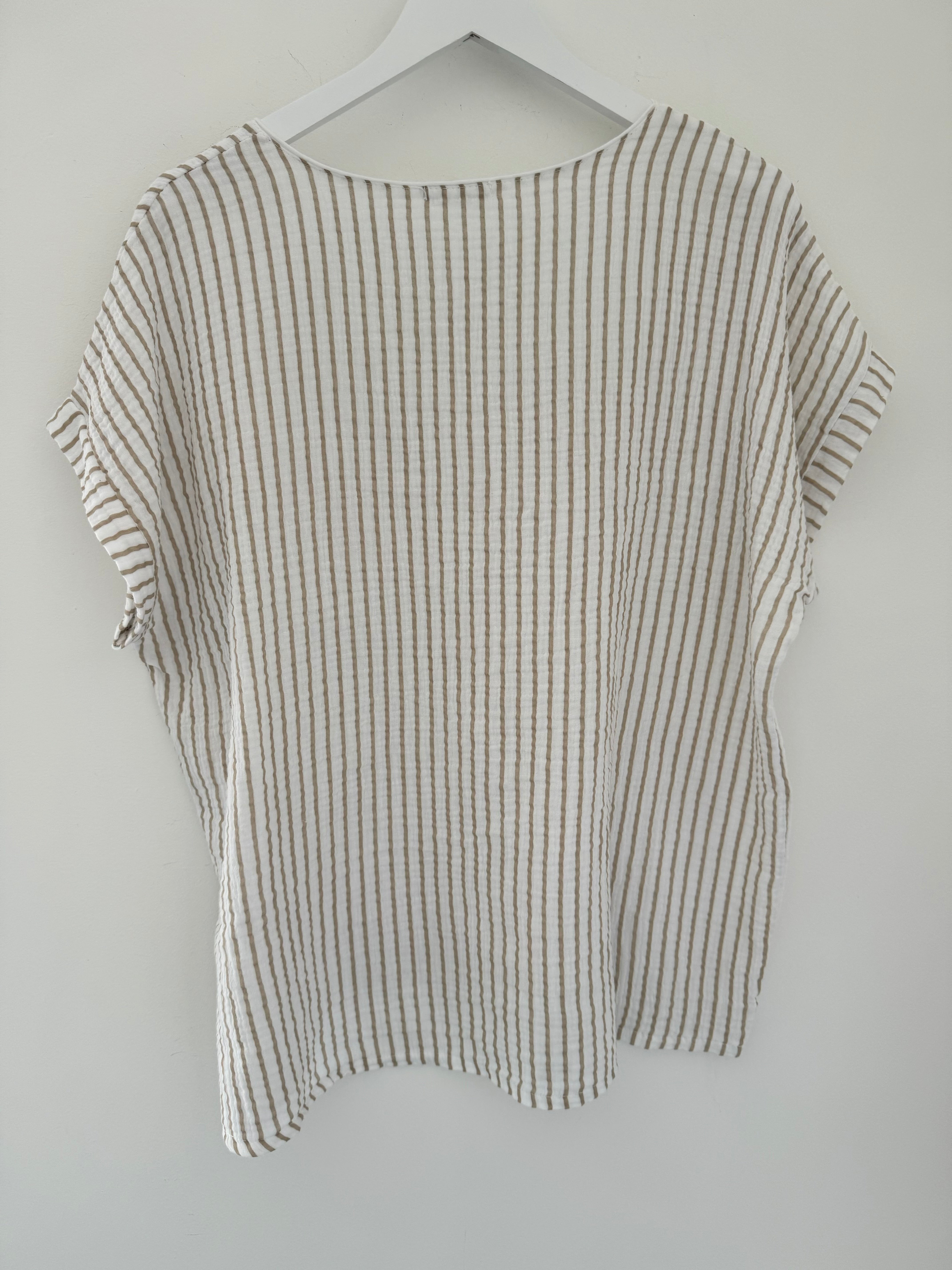 Cheesecloth Stripe Top in Stone & White