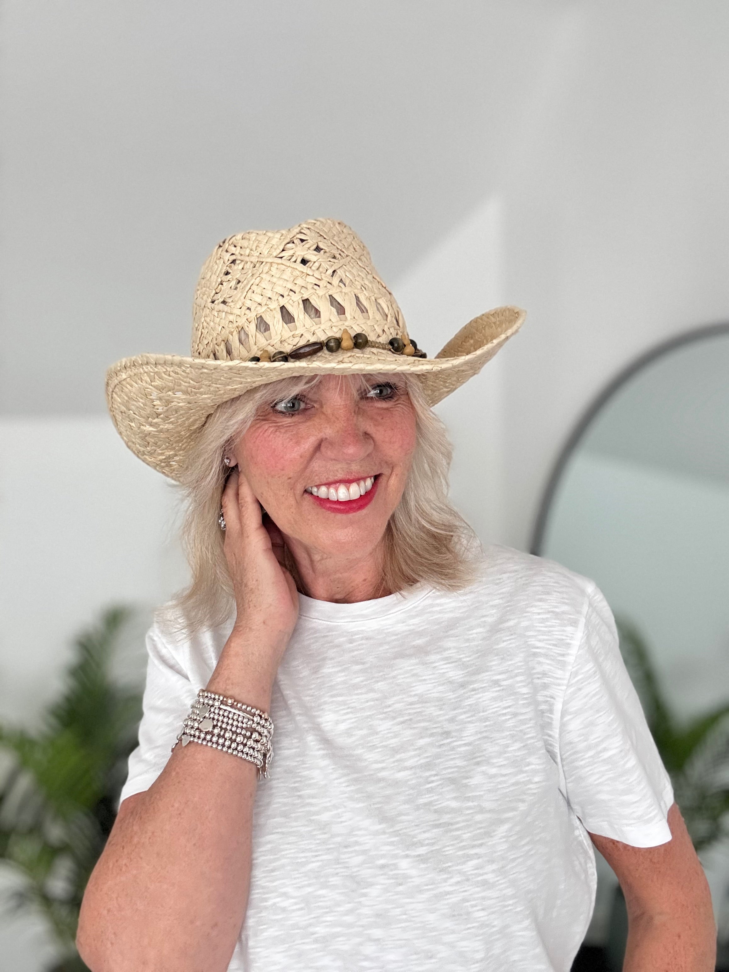 Straw Hat with Wooden Bead Tie