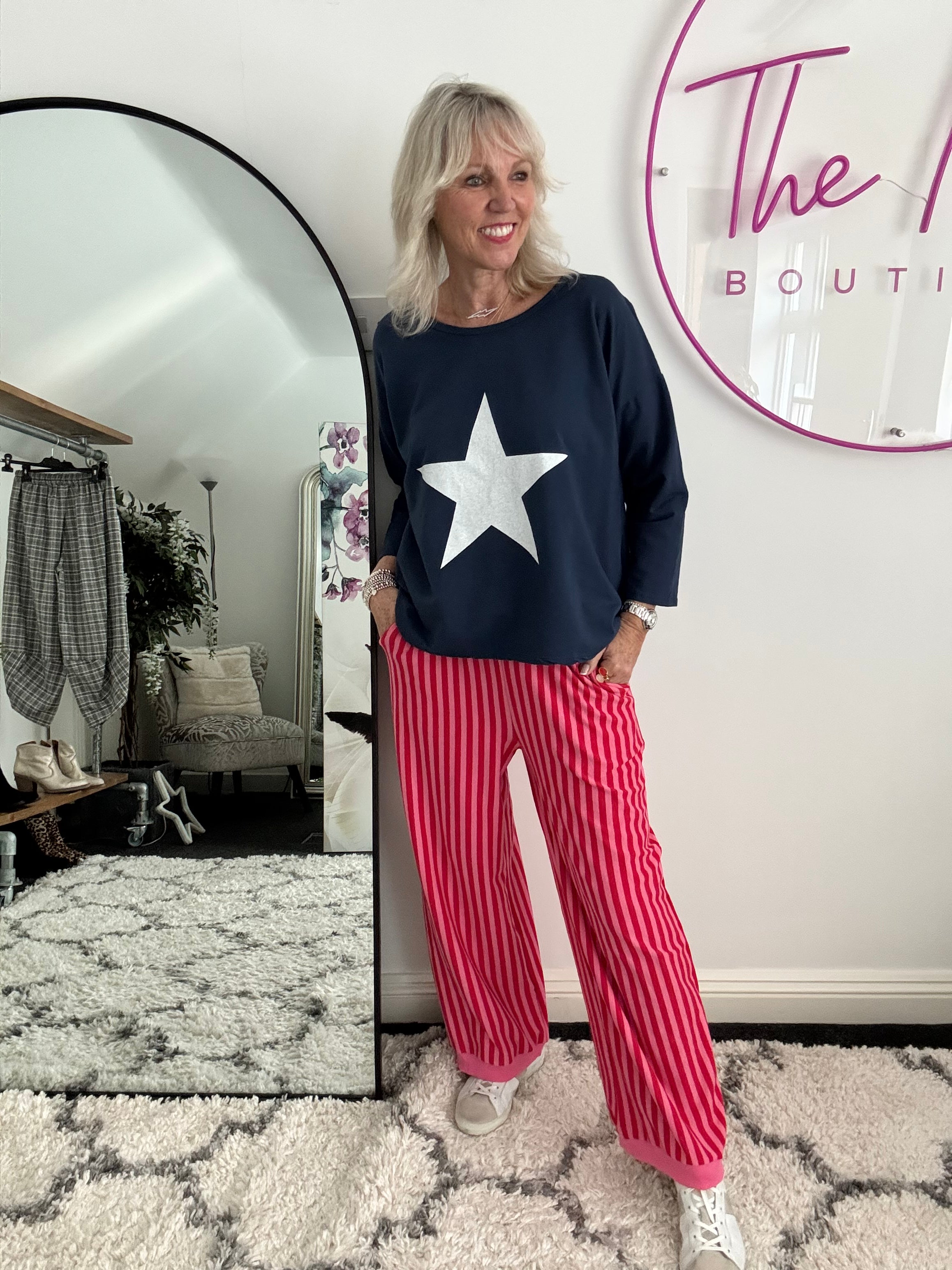 Stretch Stripe Trousers in Pink & Red