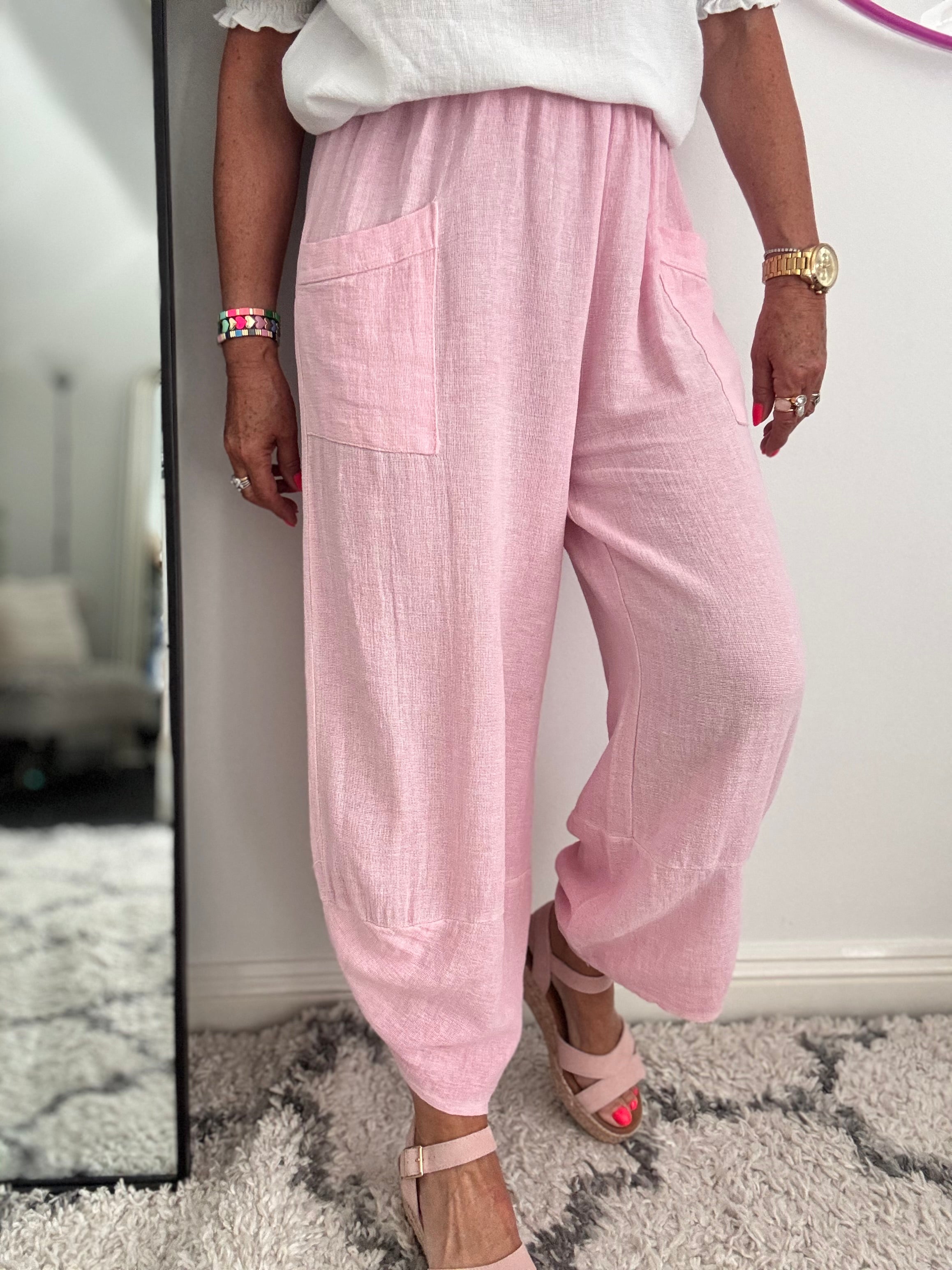 Linen & Cotton Barrel Trousers in Baby Pink