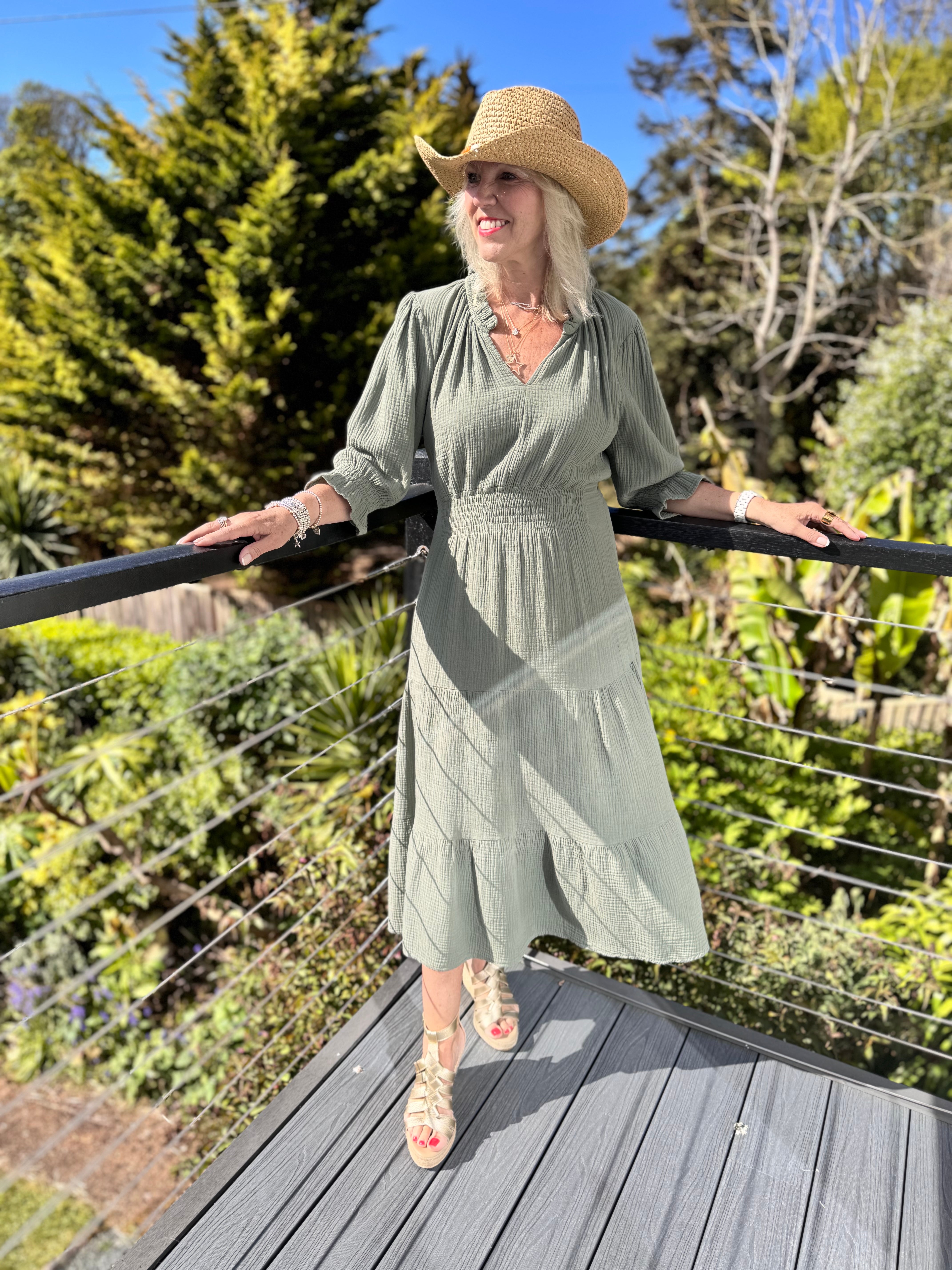 Cheesecloth Midi Dress in Khaki