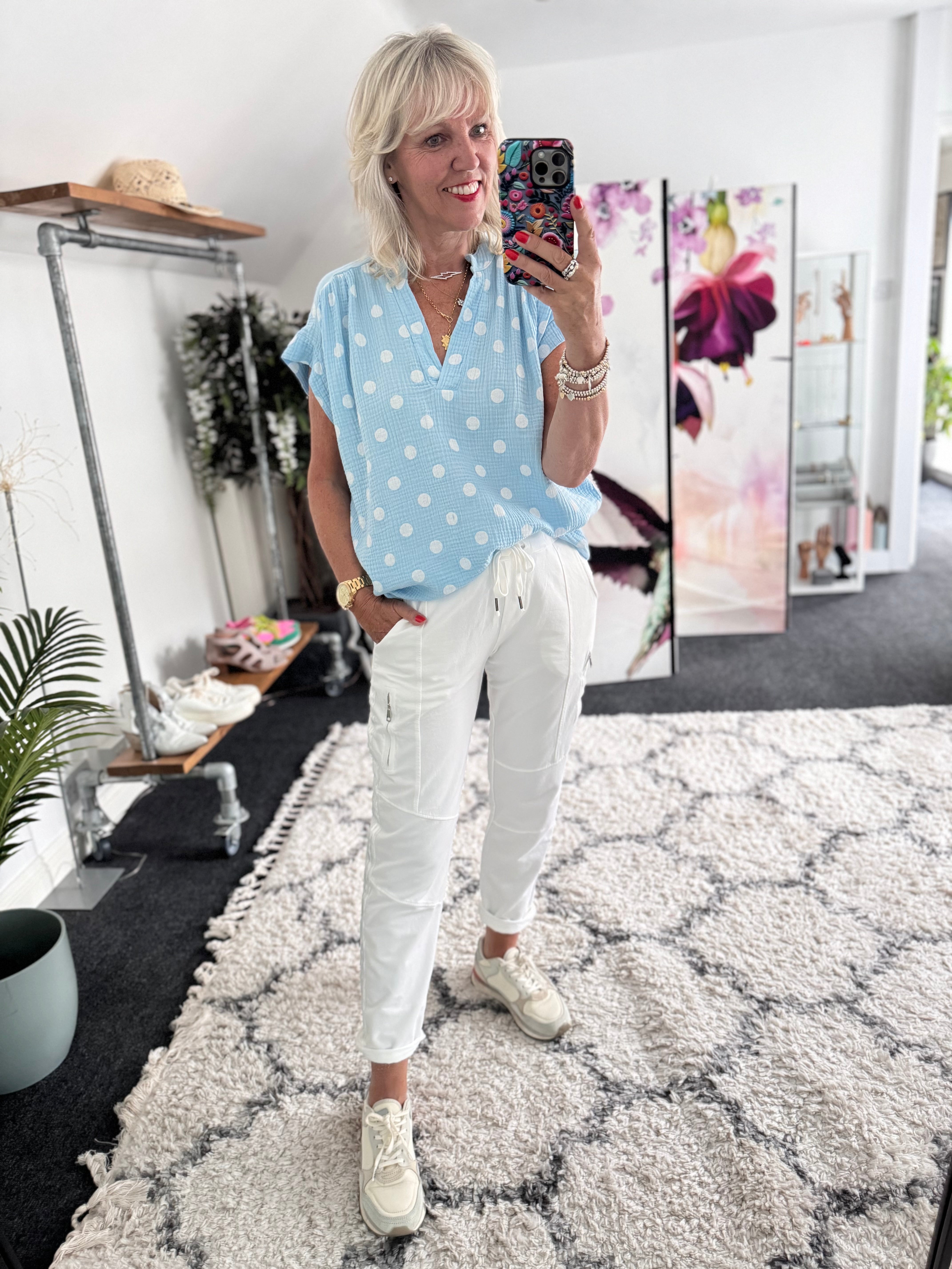Cheesecloth Spot Top in Blue & White