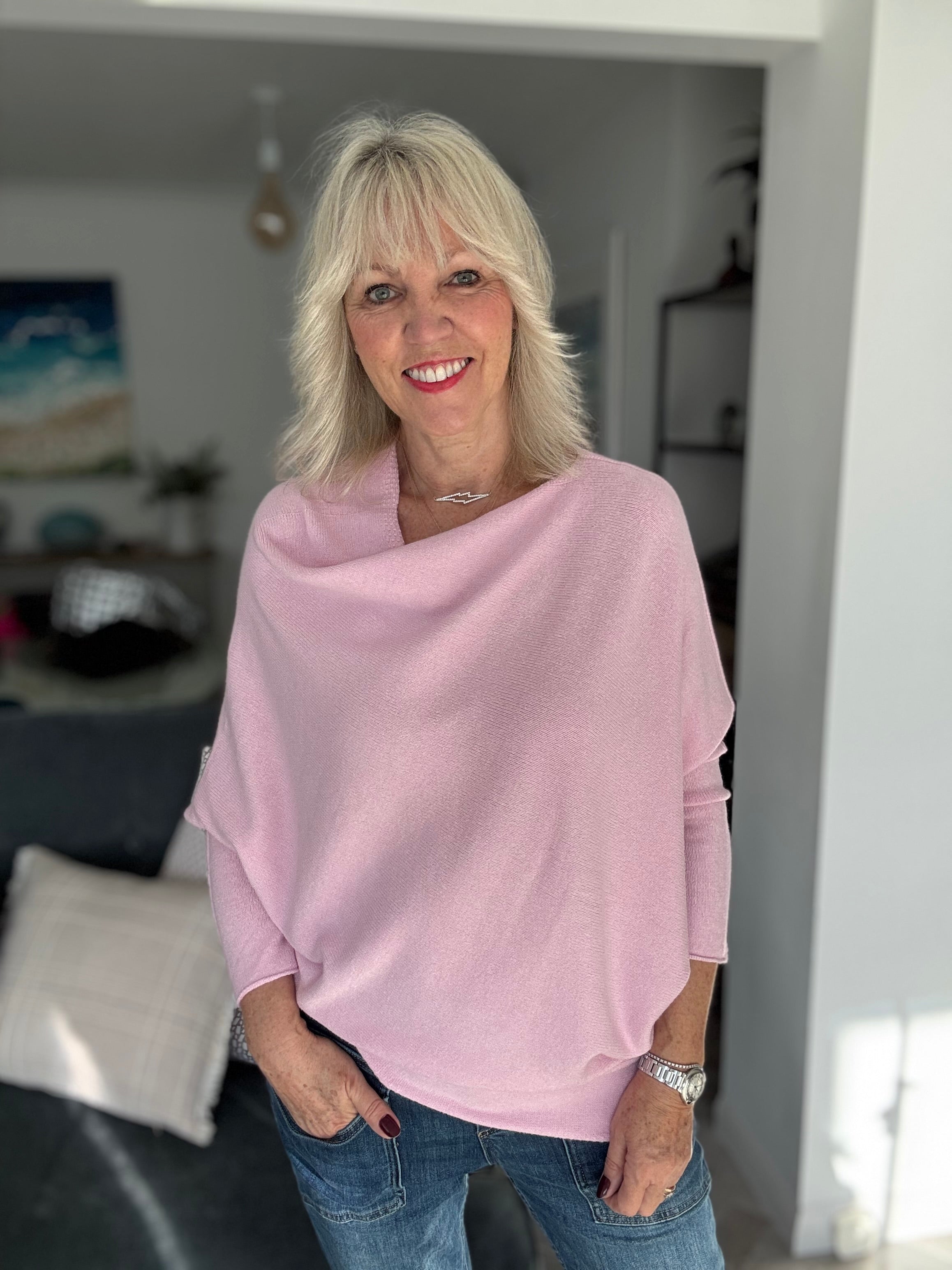 Cowl Neck Asymmetric Jumper in Pink