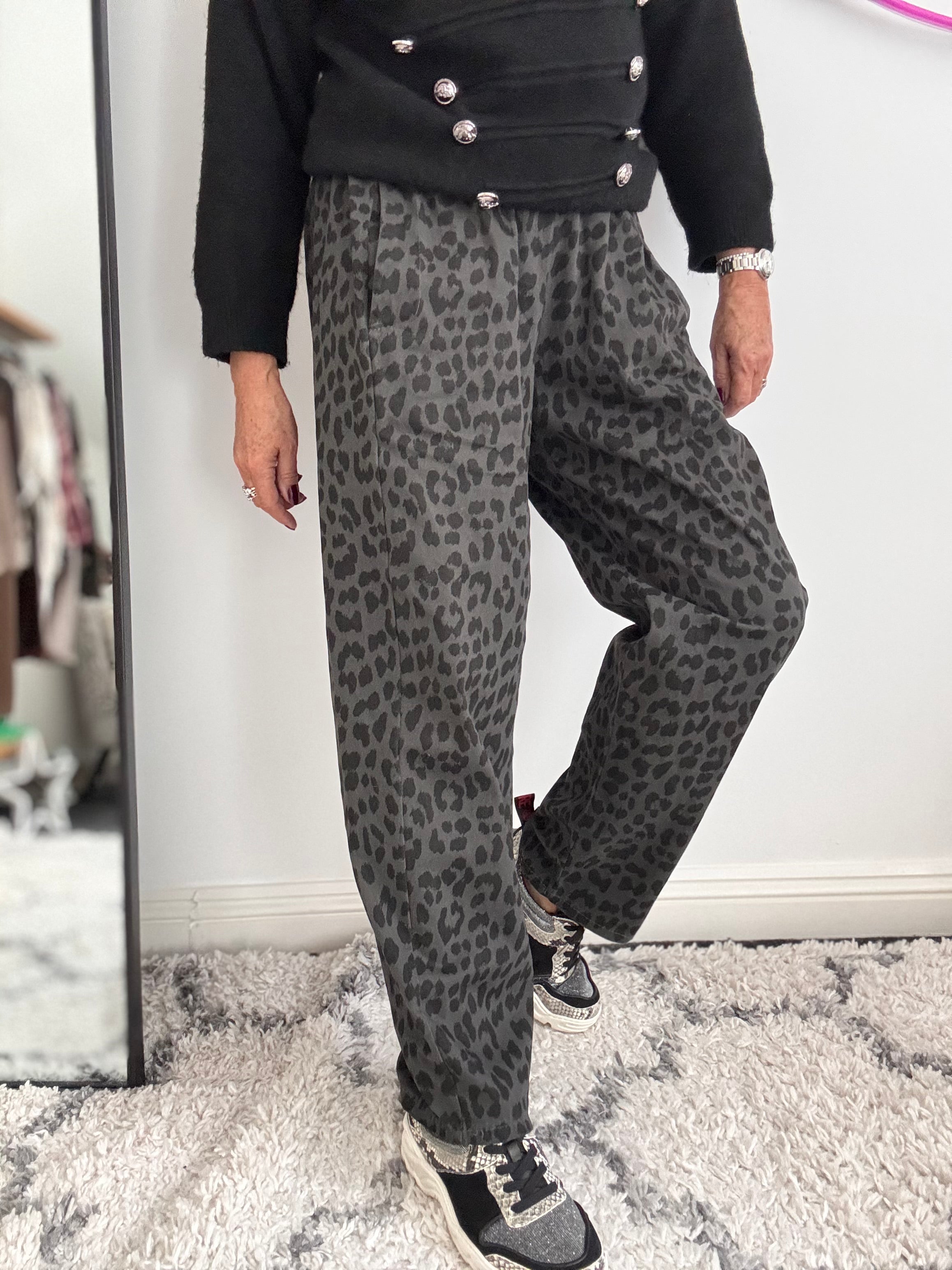 Animal Print Trousers in Charcoal Leopard