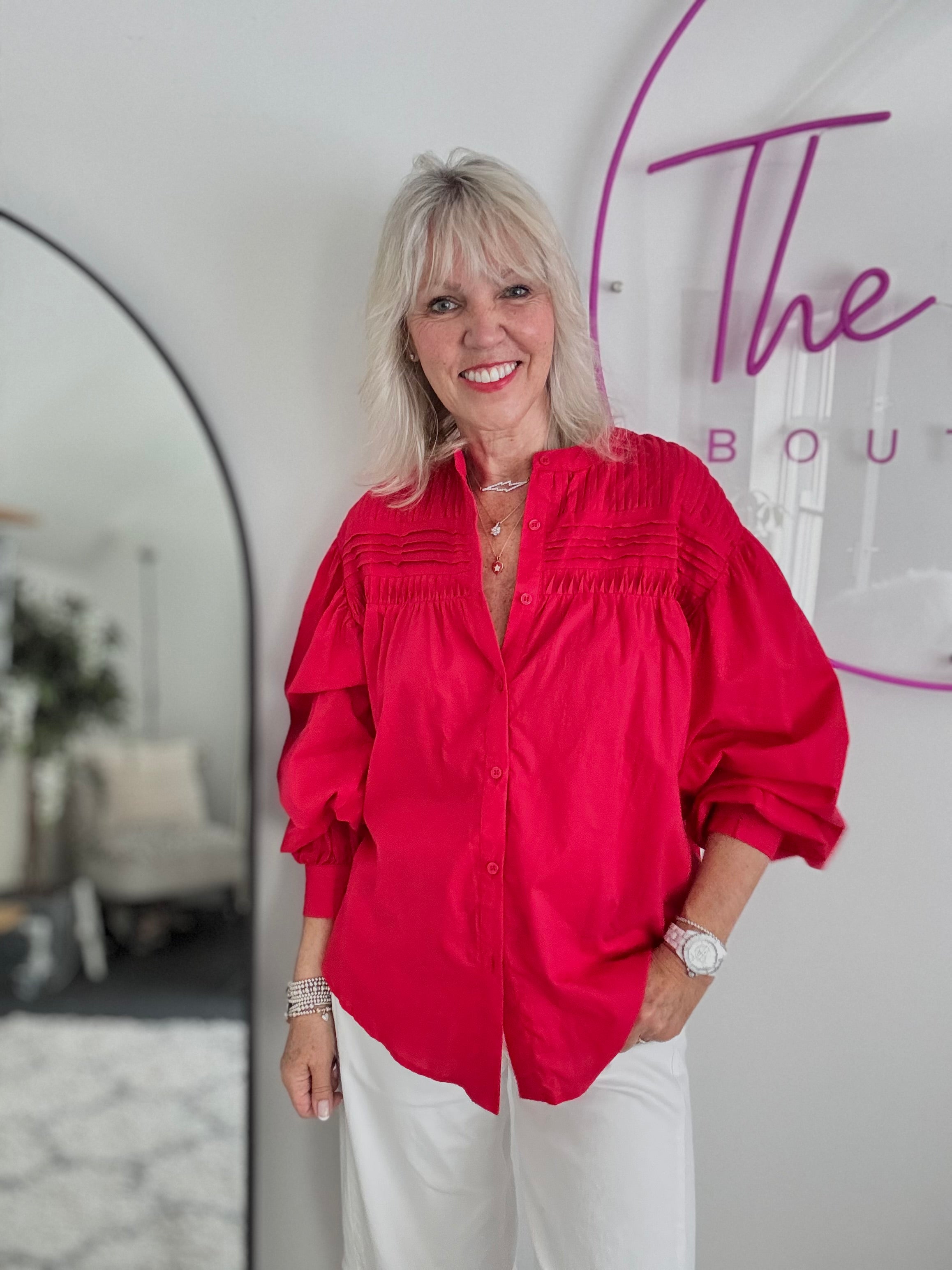 Pintucked Cotton Shirt in Red