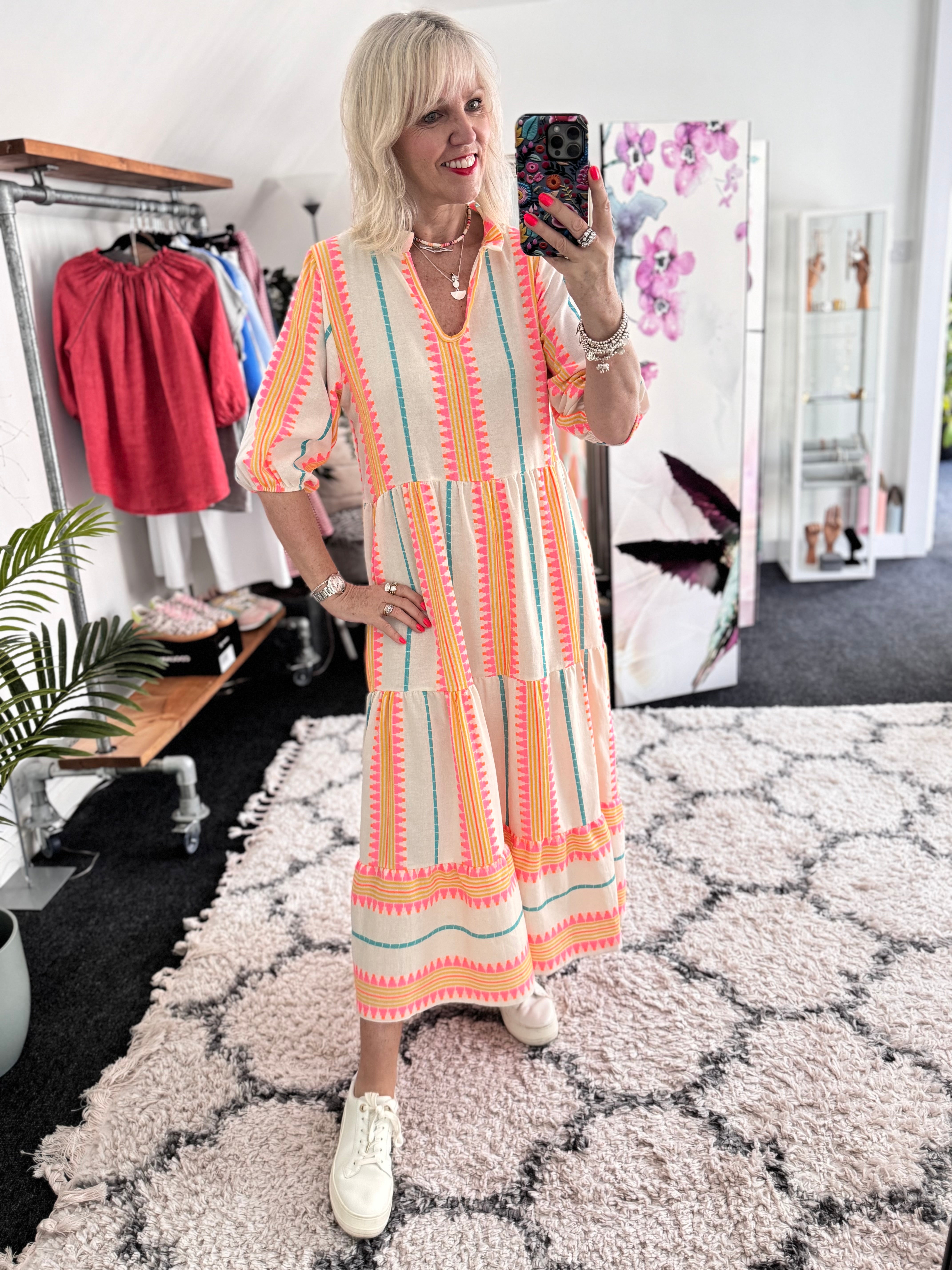 Embroidered Midi Dress in Pink & Neon