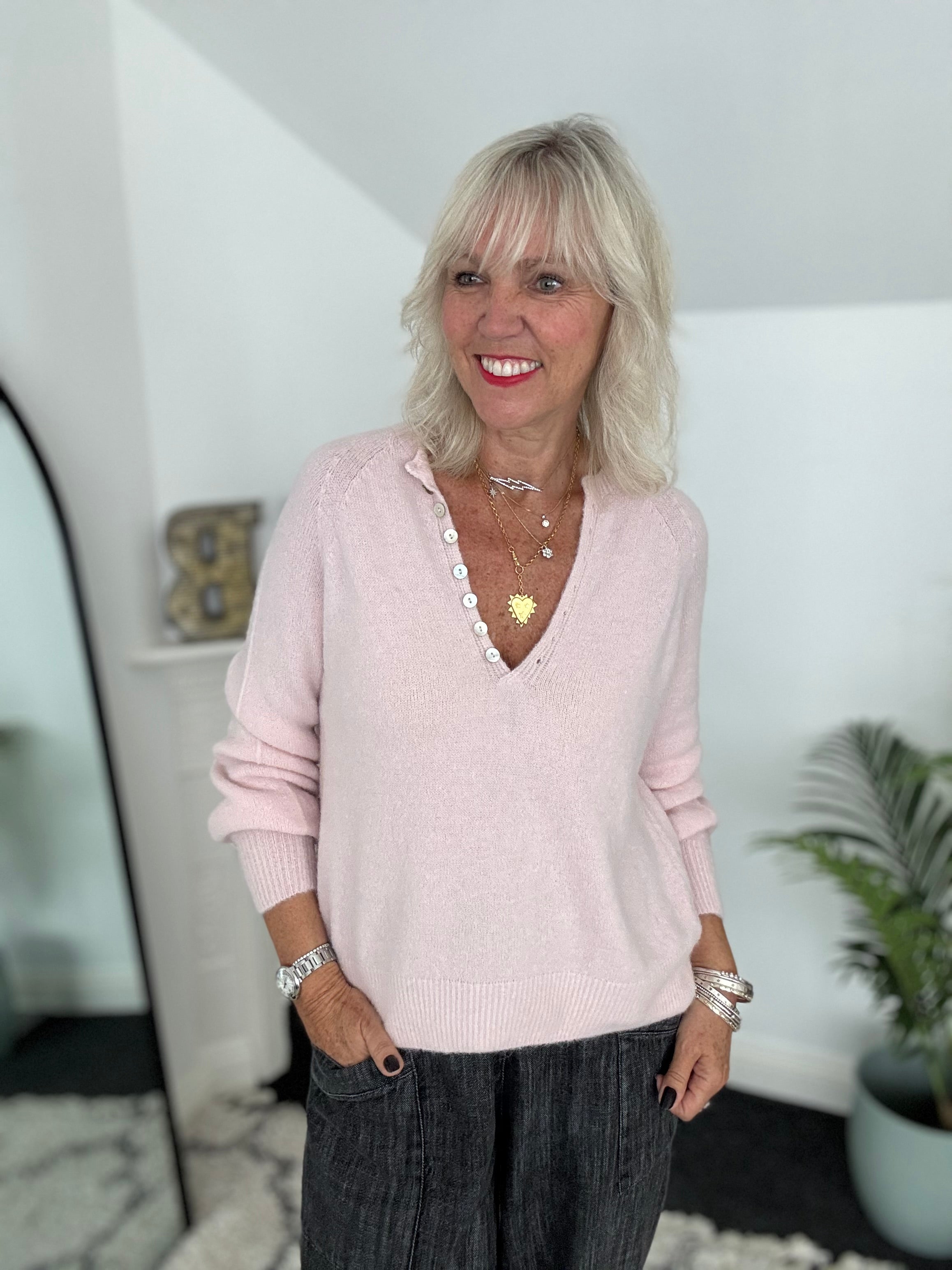 Softie Jumper with Button Neck in Soft Pink