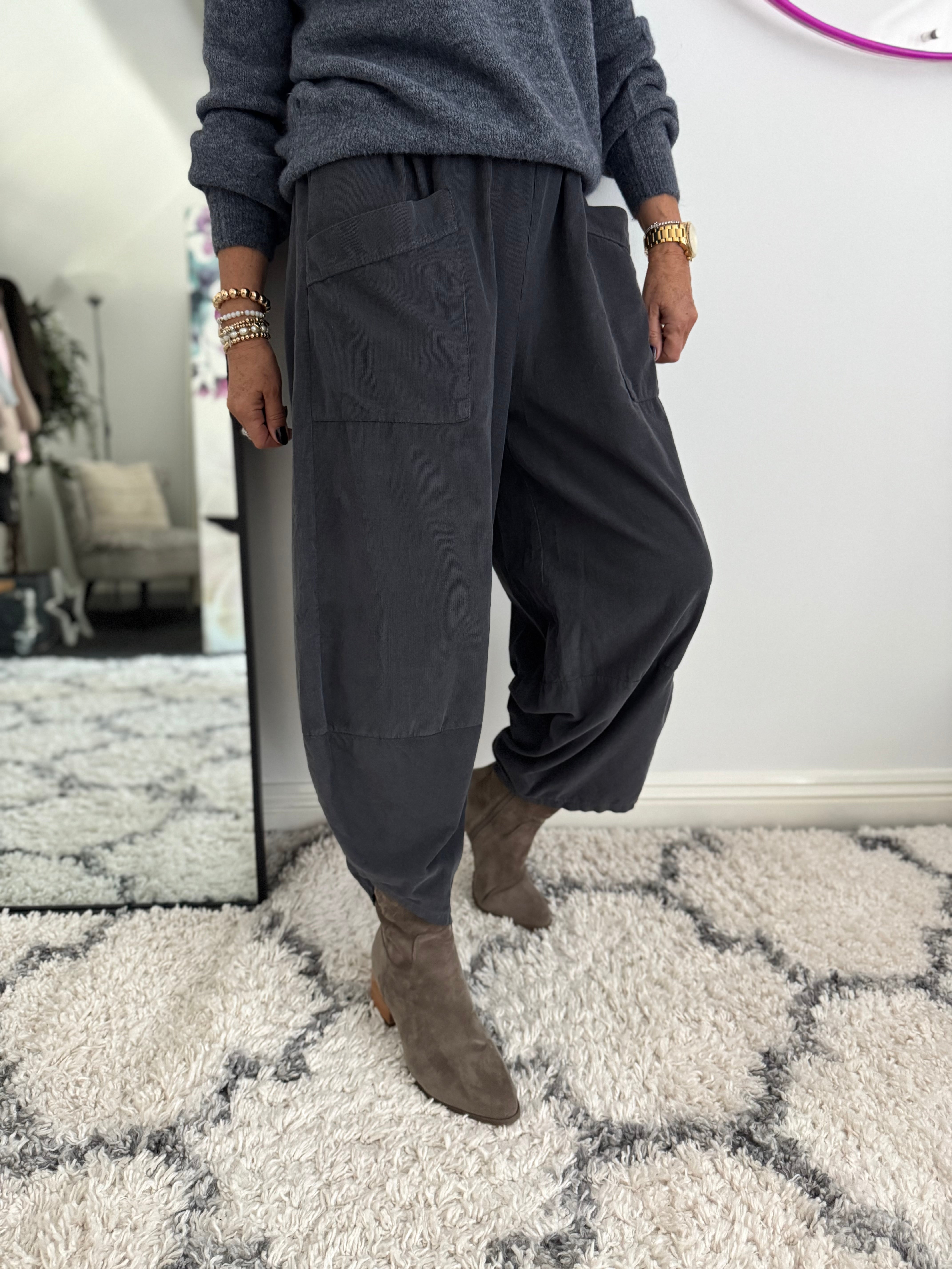 Cord Barrel Leg Trousers in Charcoal