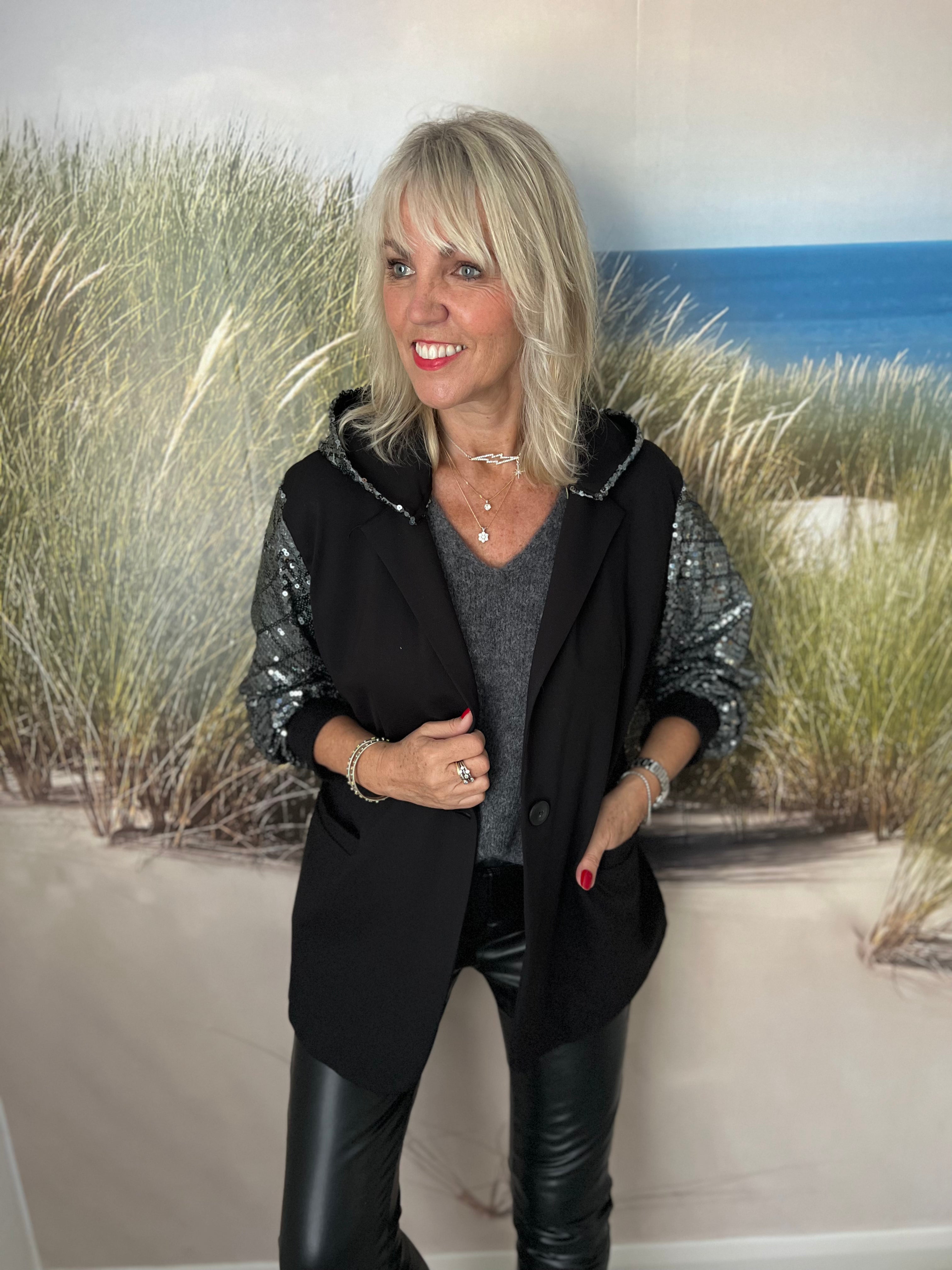 Sequin Blazer Jacket in Black & Silver