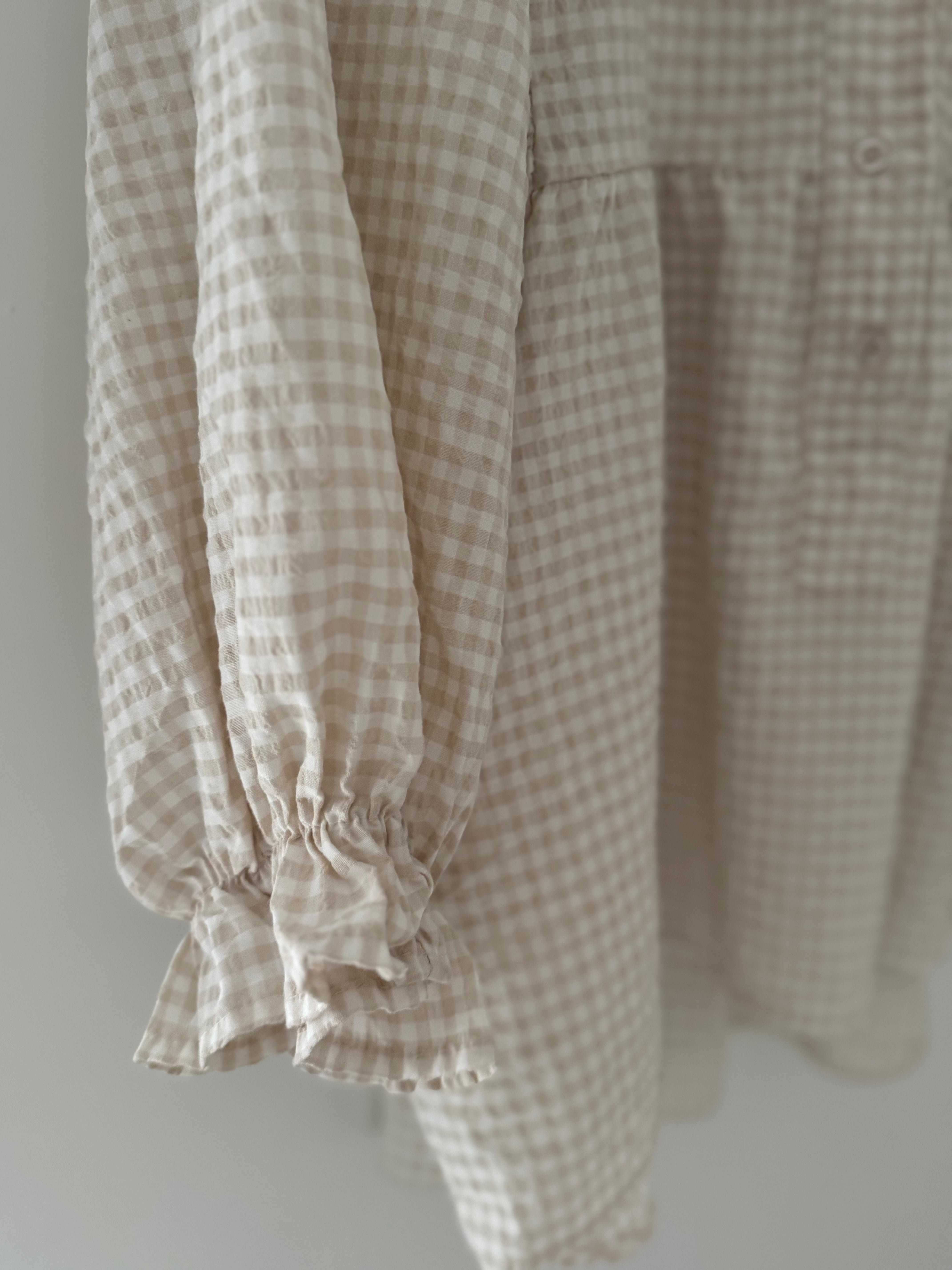 Gingham Seersucker Blouse in Stone