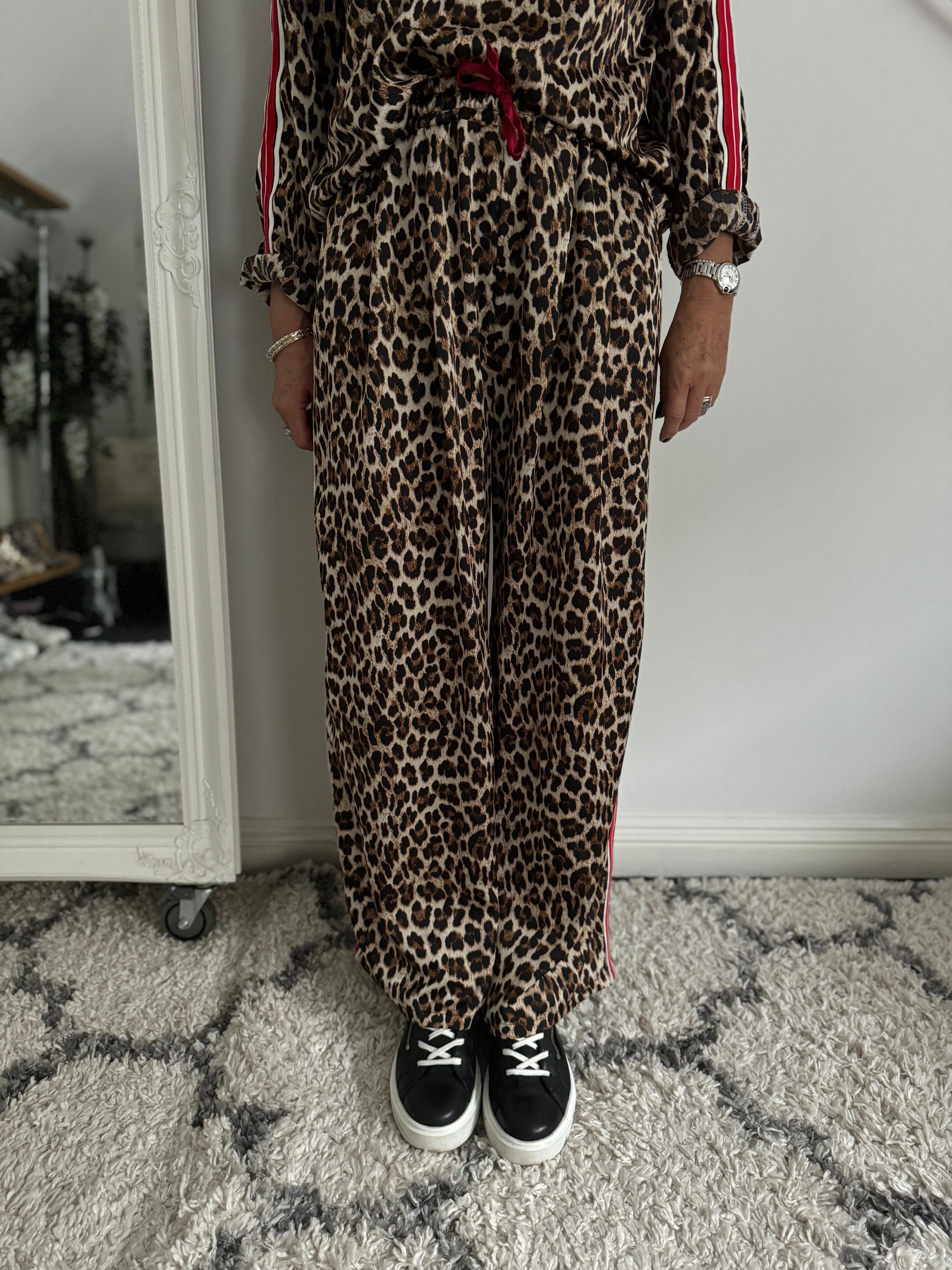 Wide Leg Leopard Trousers with Red Stripe