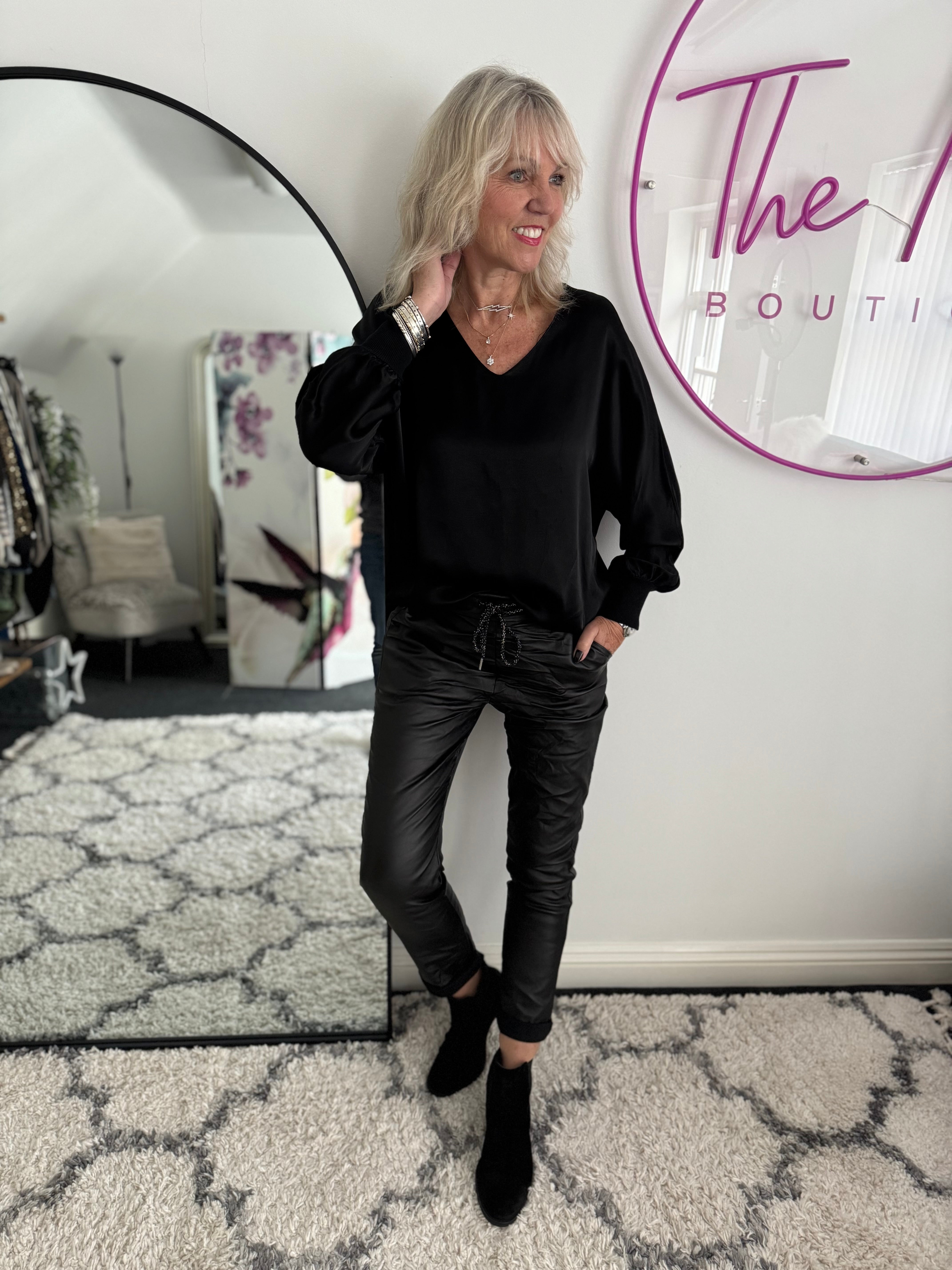 Silky V Neck Blouse in Black