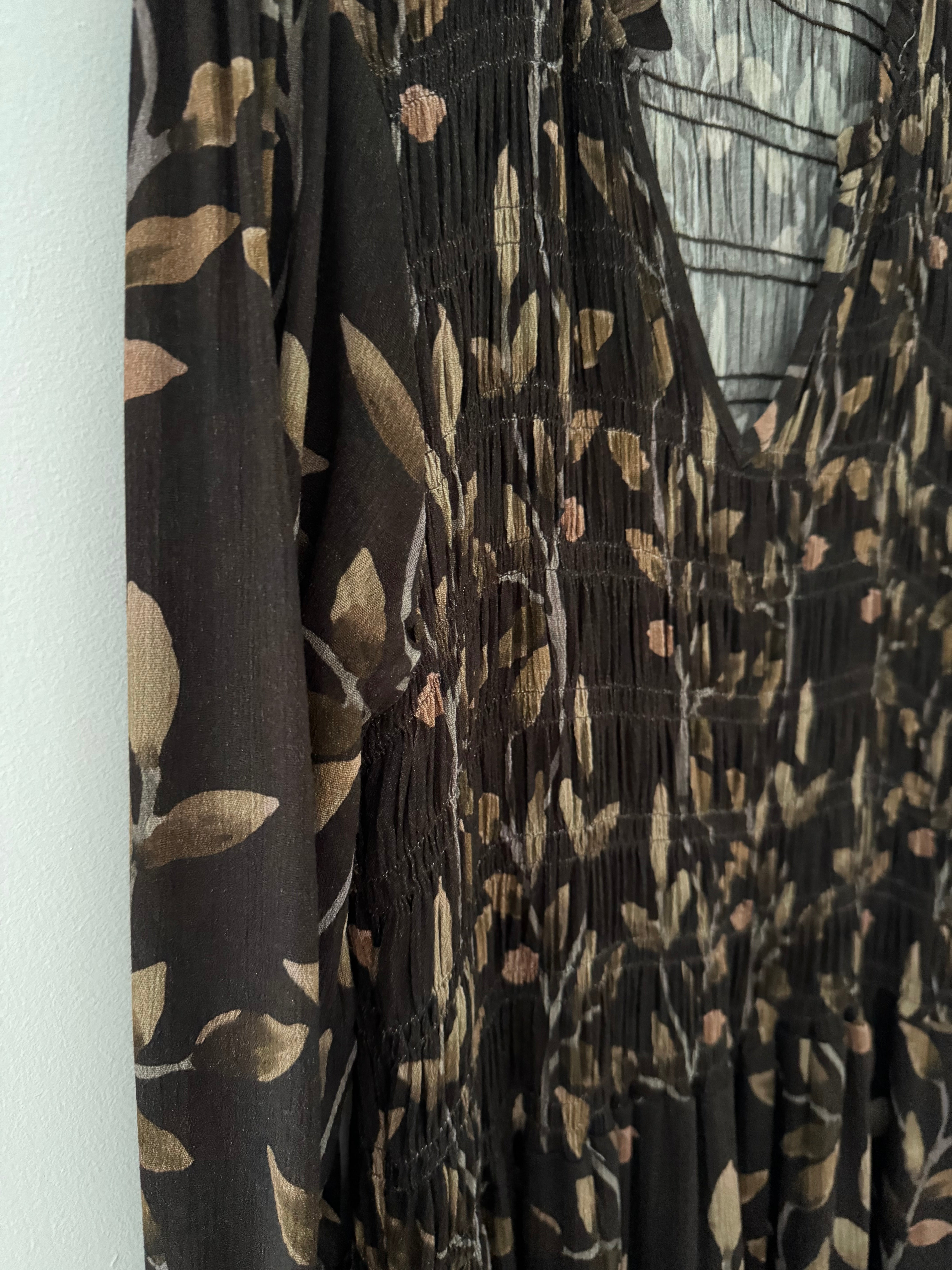 Leaf Print Dress with Shirred Bodice in Chocolate