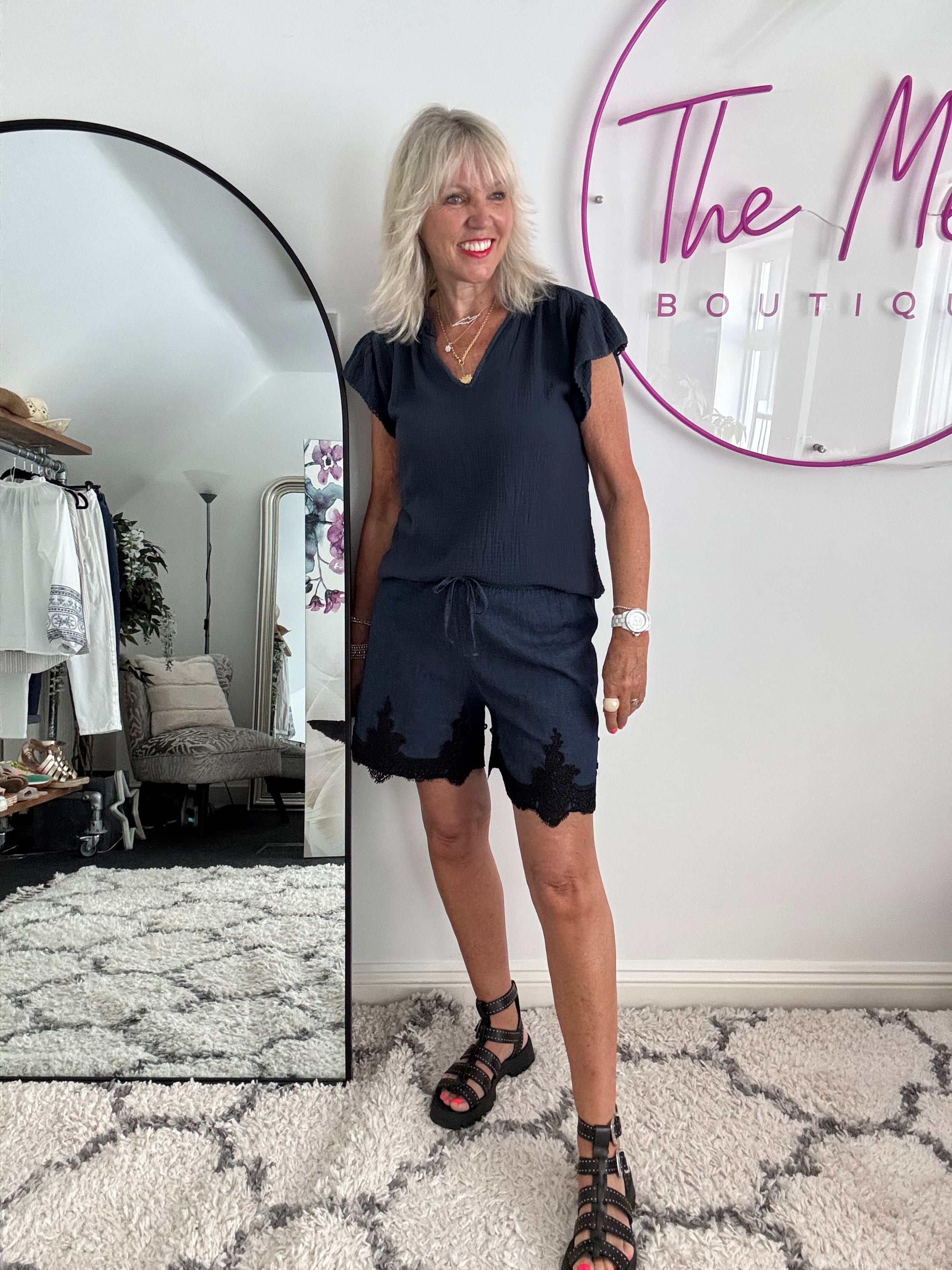 Luxe Chambray Shorts with Lace