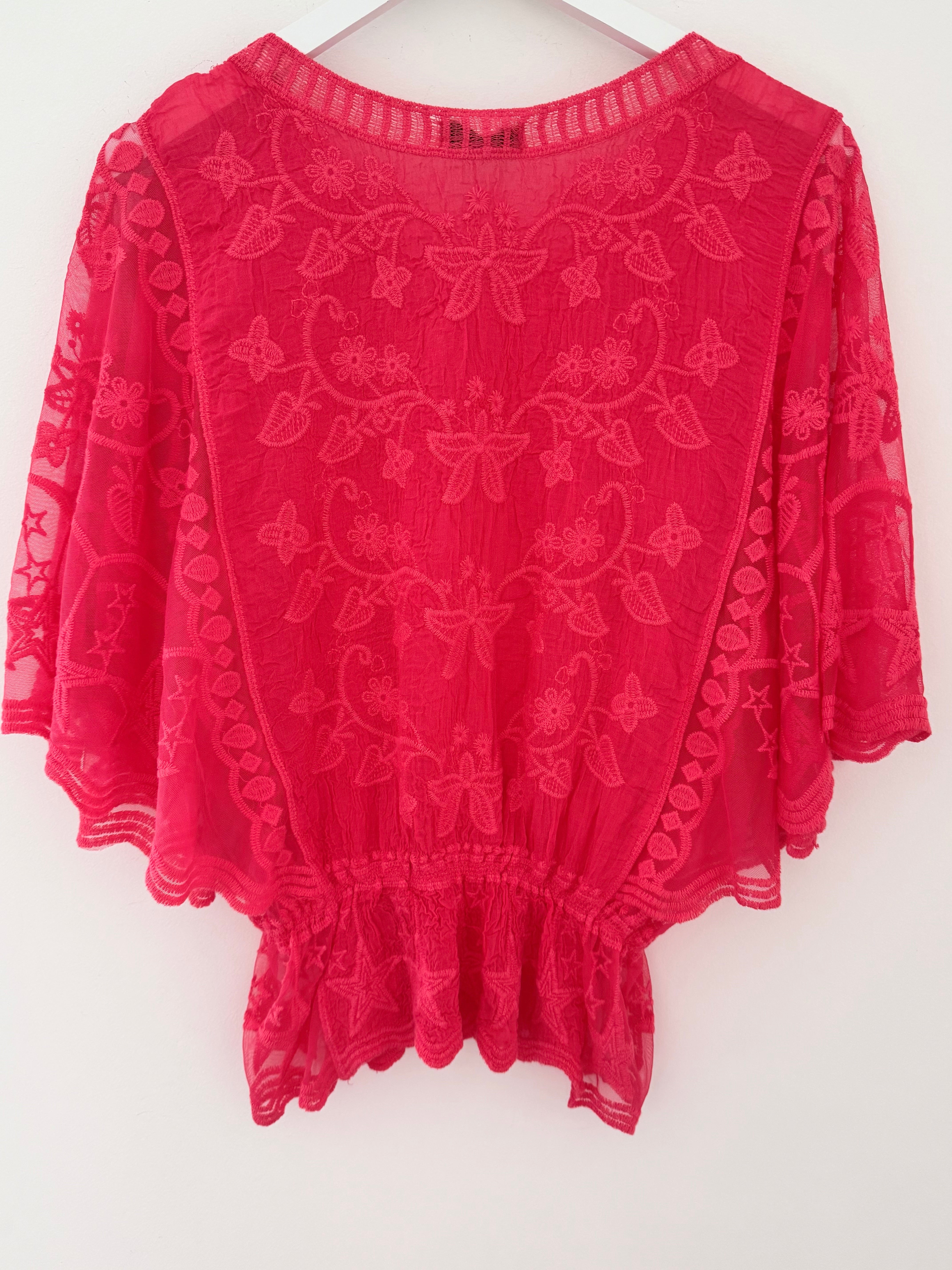 Lace Butterfly & Star Top in Coral Red
