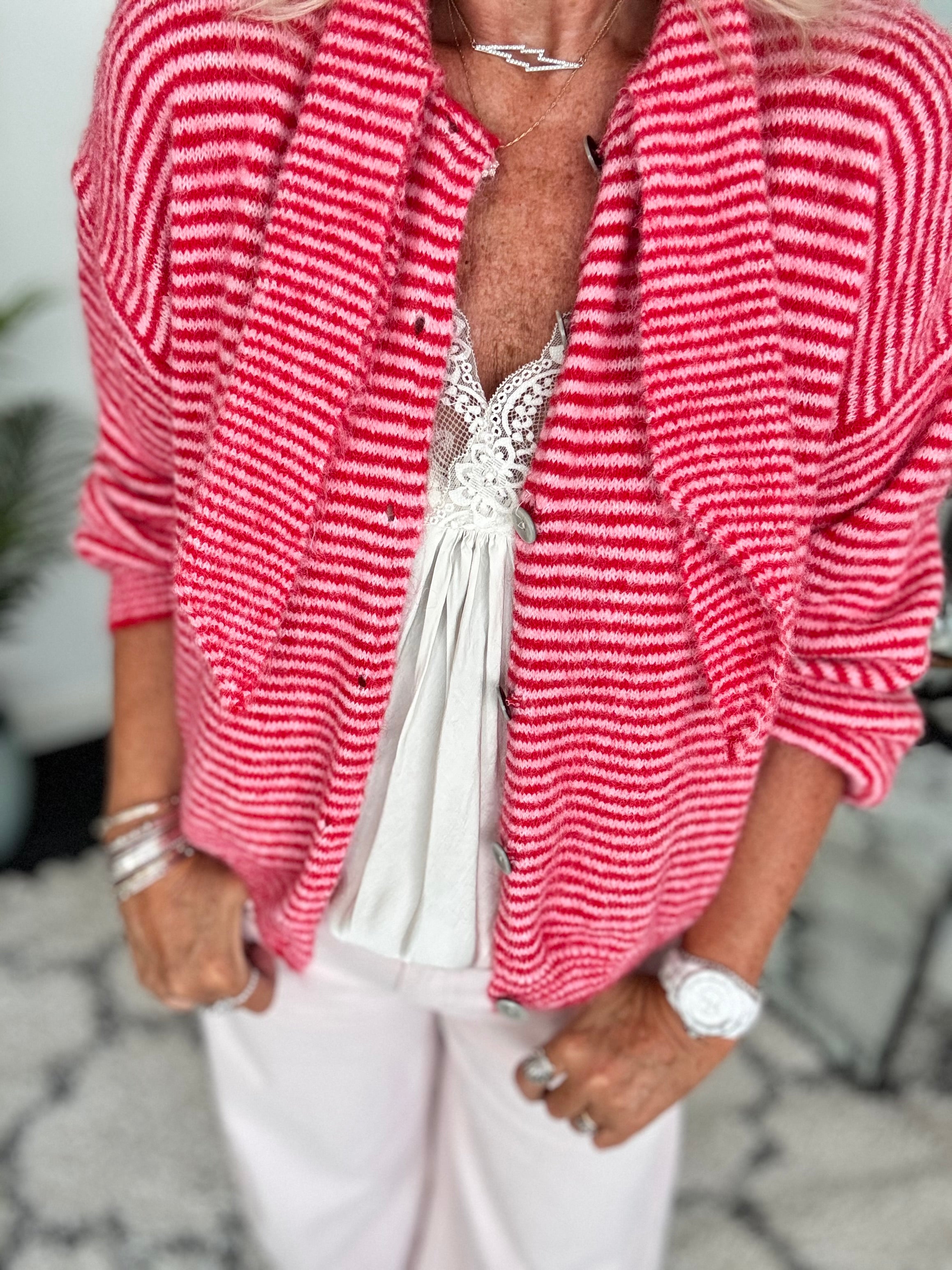 Neck Tie Stripe Cardi in Pink & Red
