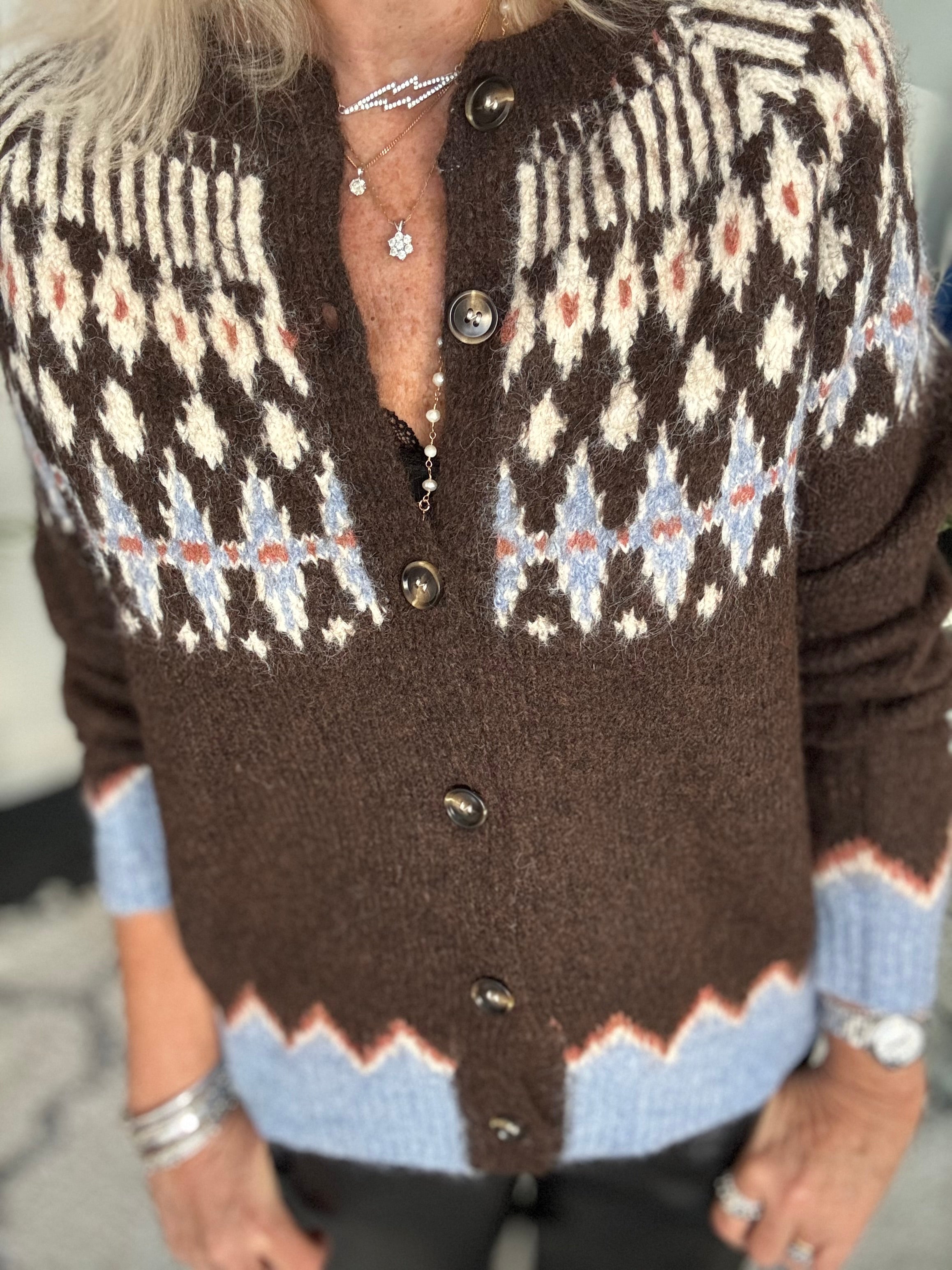 Fair Isle Cardi in Chocolate & Blue