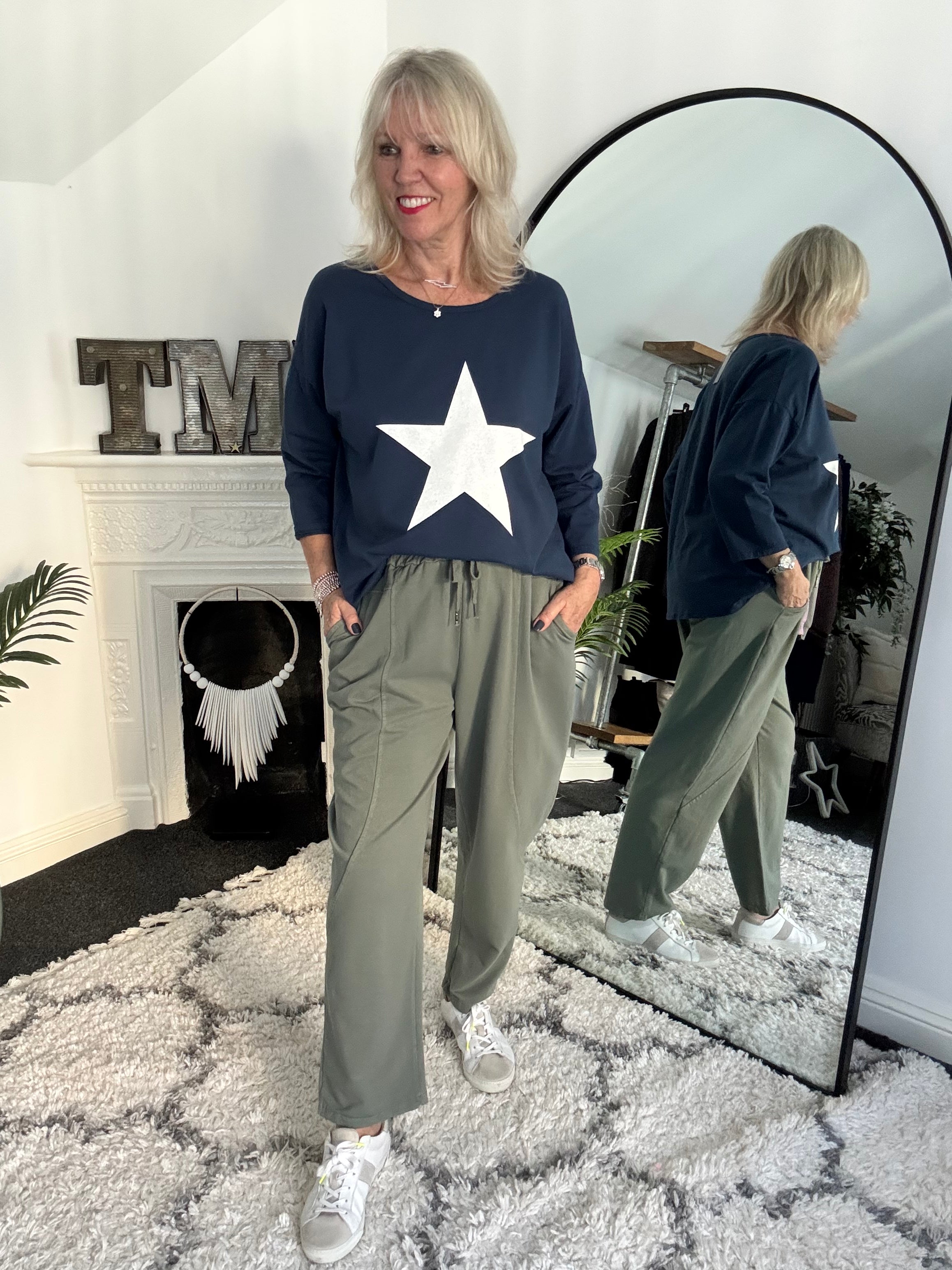 Stretch Jersey Trousers with Topstitching in Khaki