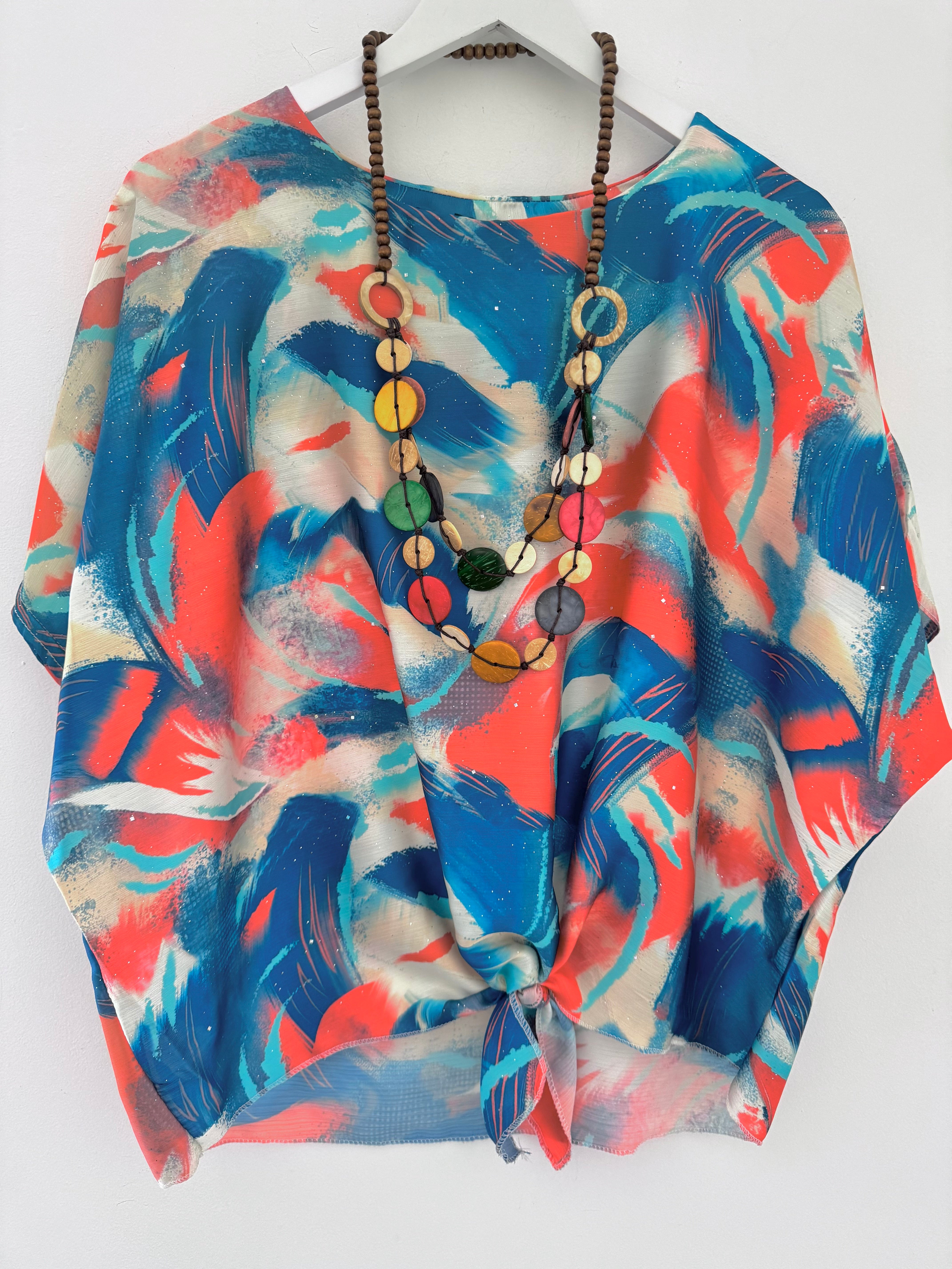 Silky Top with Necklace in Orange & Teal