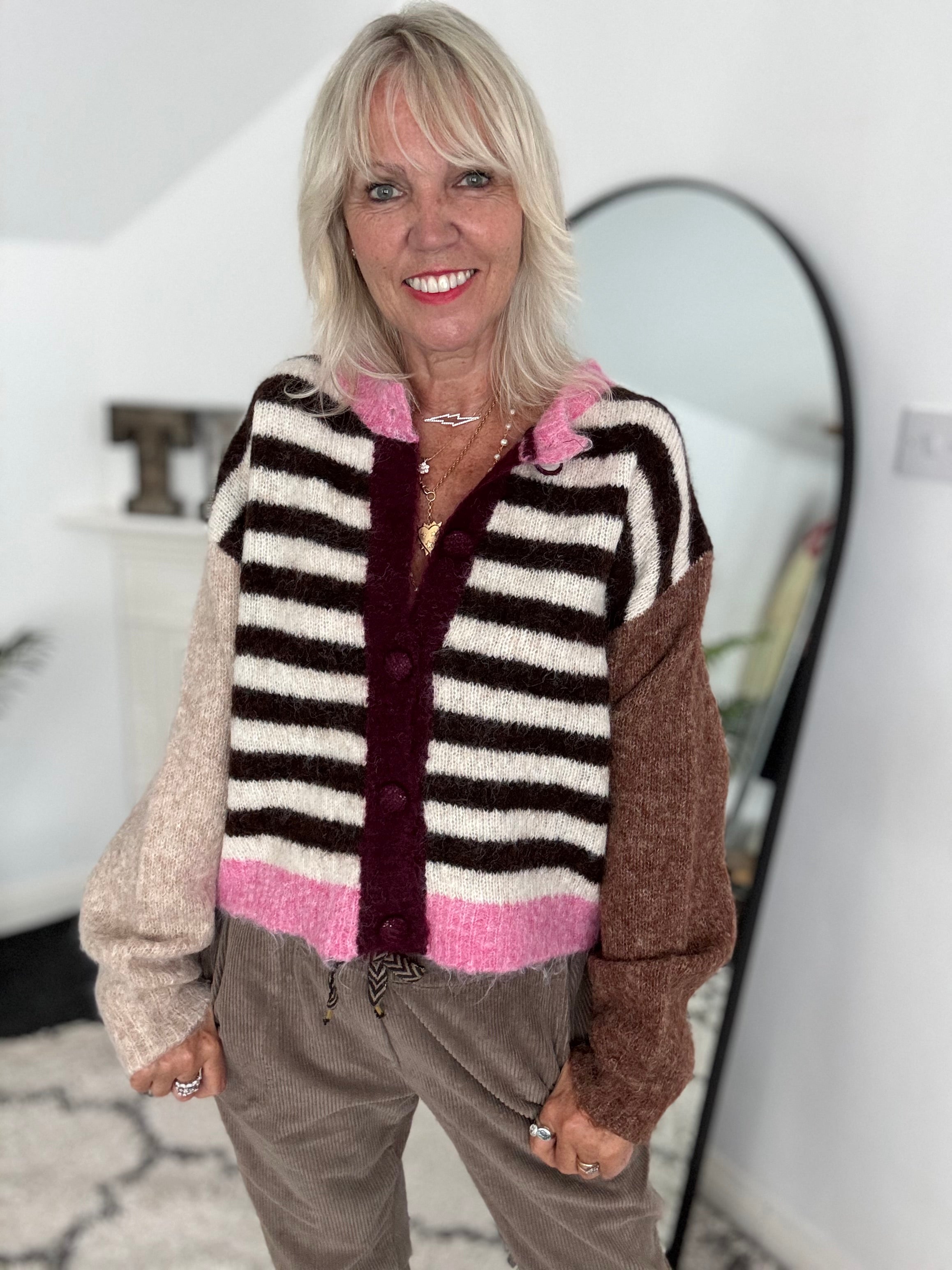 Stripe Mohair Cardi in Pink & Cocoa