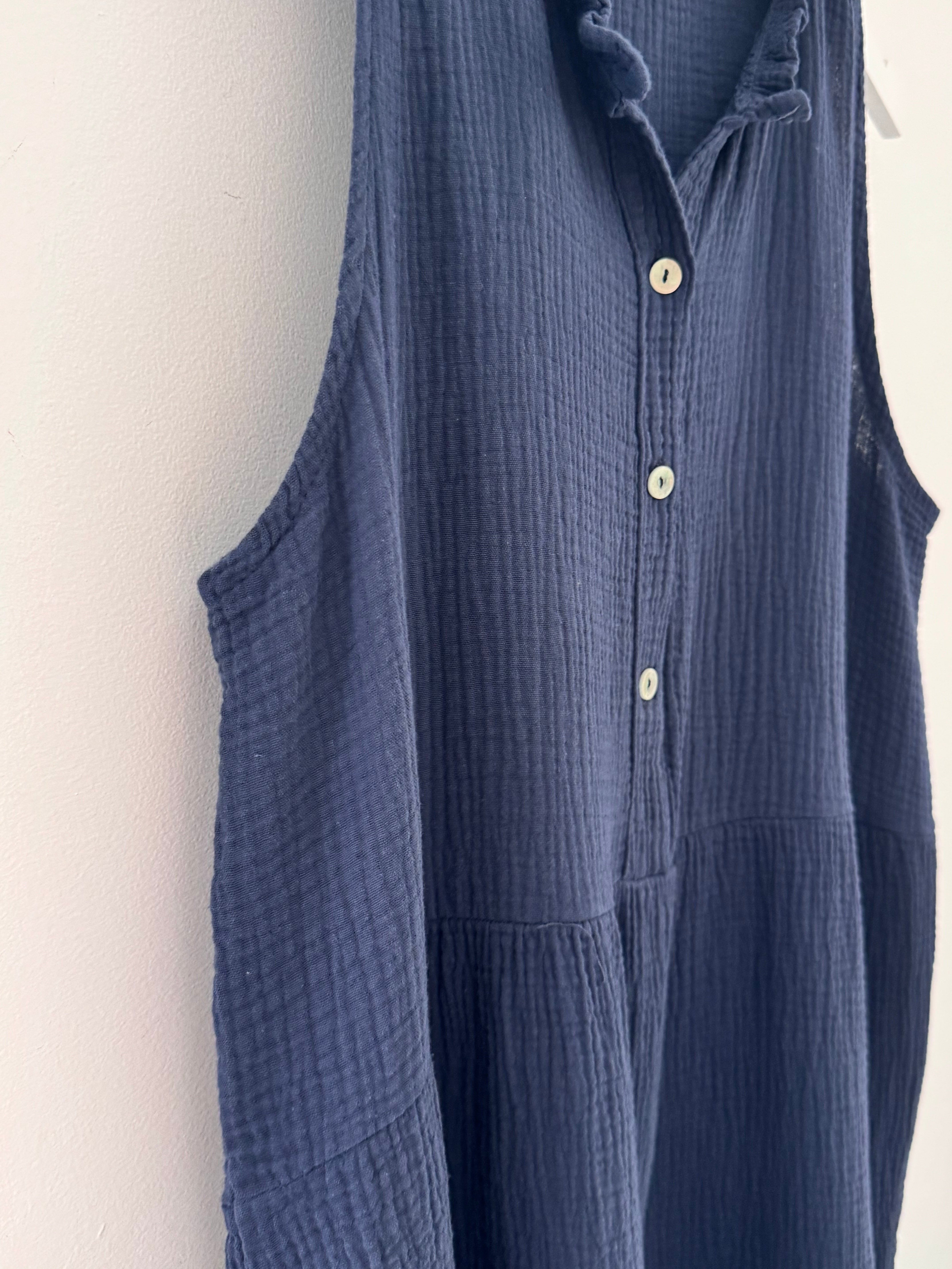 Cheesecloth Dress with Button Front in Navy